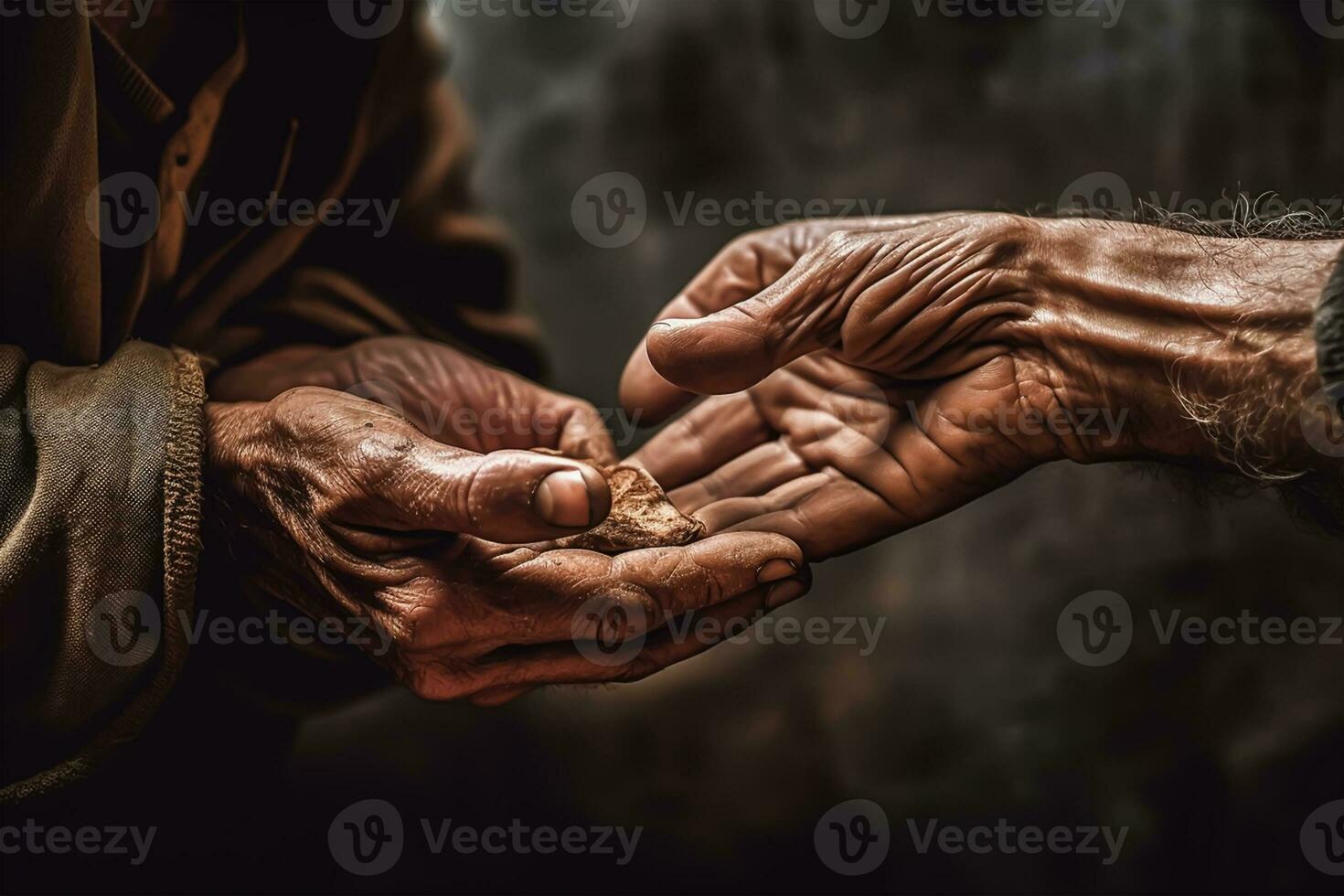 händer av ett gammal tiggare tiggeri för pengar från ett äldre man, välgörenhet dag generativ ai foto