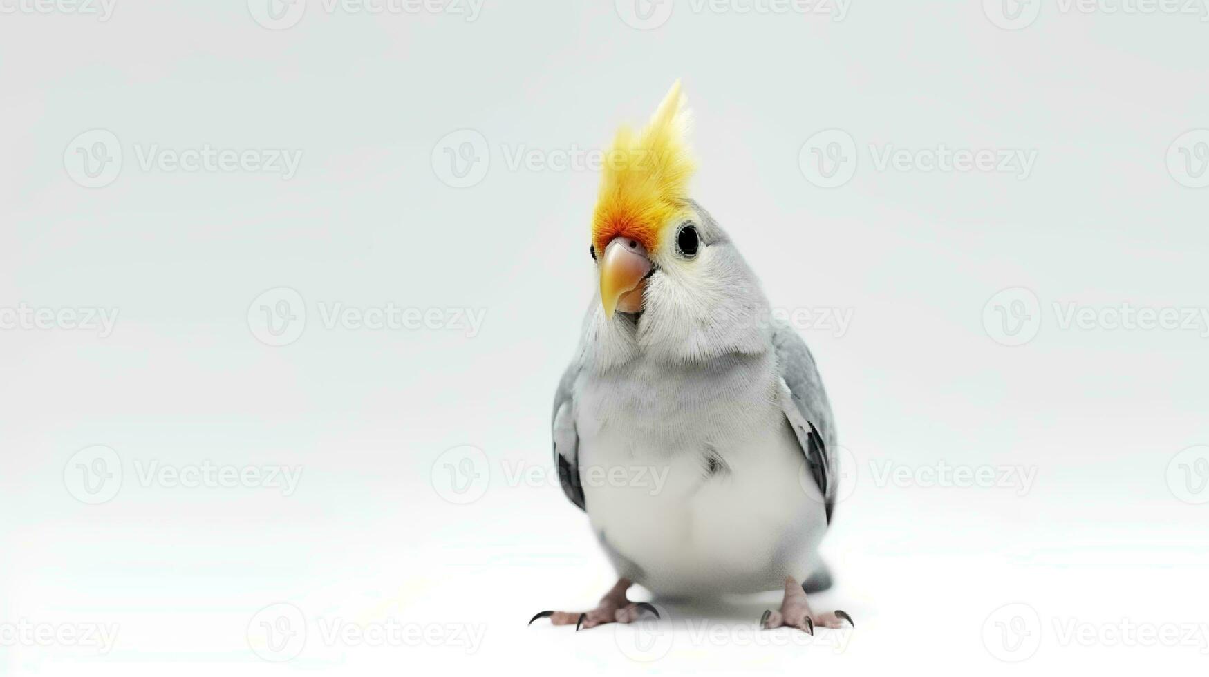 Foto av en cockatiel fågel på vit bakgrund. generativ ai