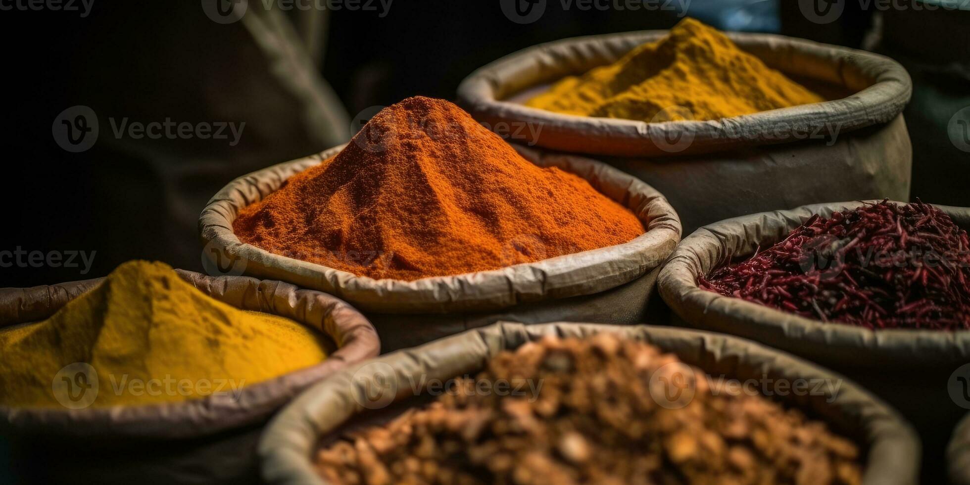 indisk kryddor stänga upp. peppar, gurkmeja timjan paprika kummin. generativ ai foto