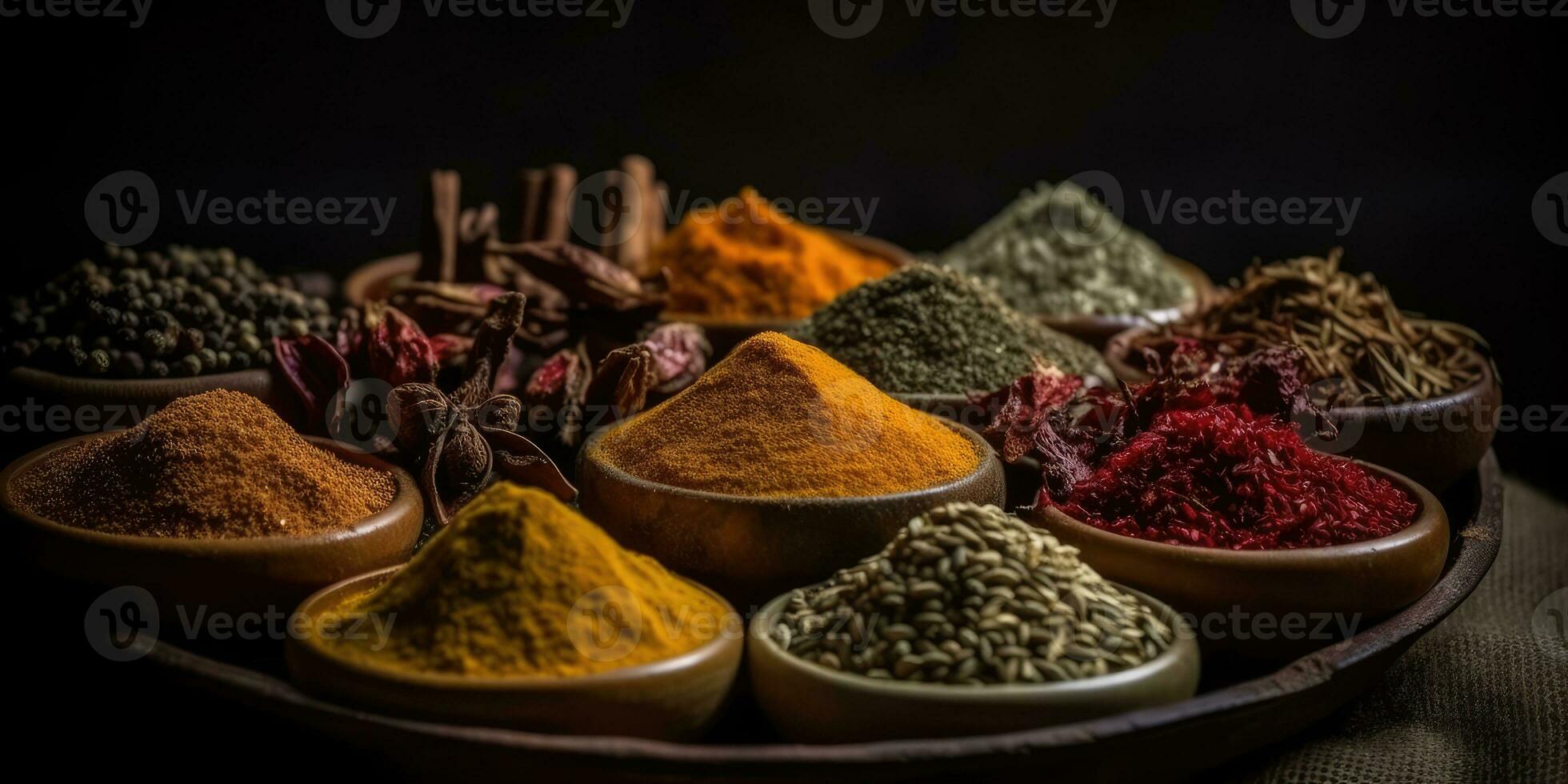 indisk kryddor stänga upp. peppar, gurkmeja timjan paprika kummin. generativ ai foto