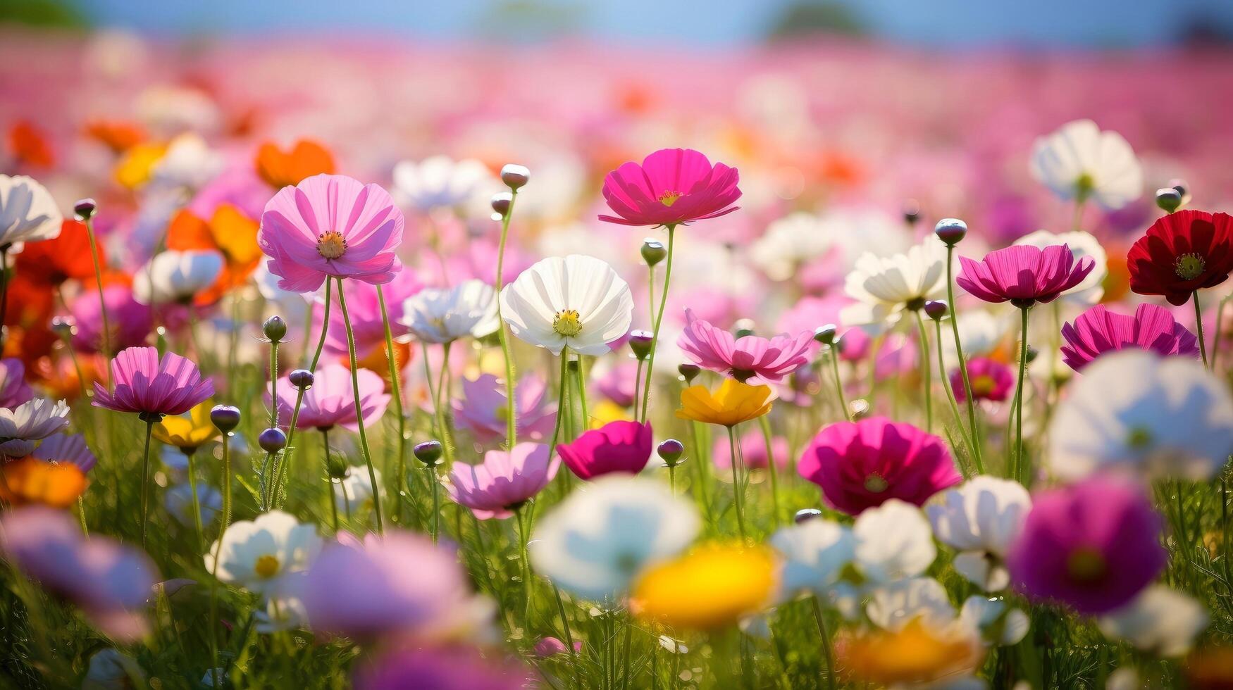 natur blommig bakgrund i tidigt sommar. färgrik naturlig vår landskap med med blommor, mjuk selektiv fokus, generativ ai illustration foto