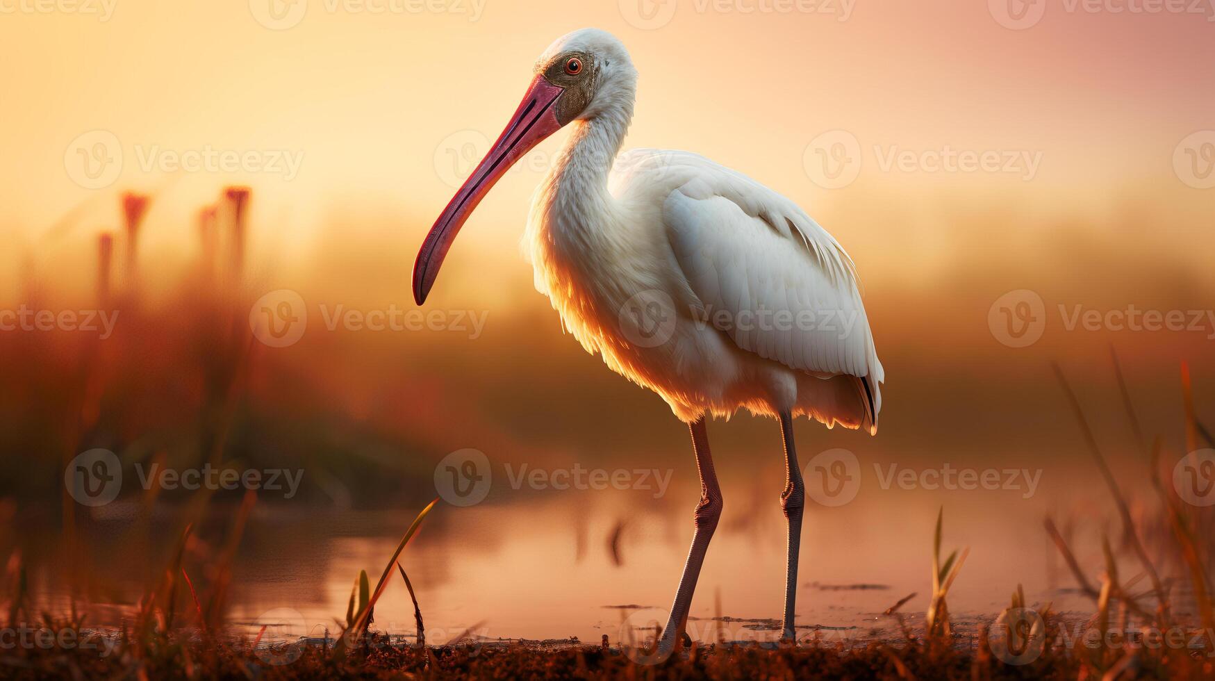 Foto av afrikansk spoonbill på savann på solnedgång. generativ ai