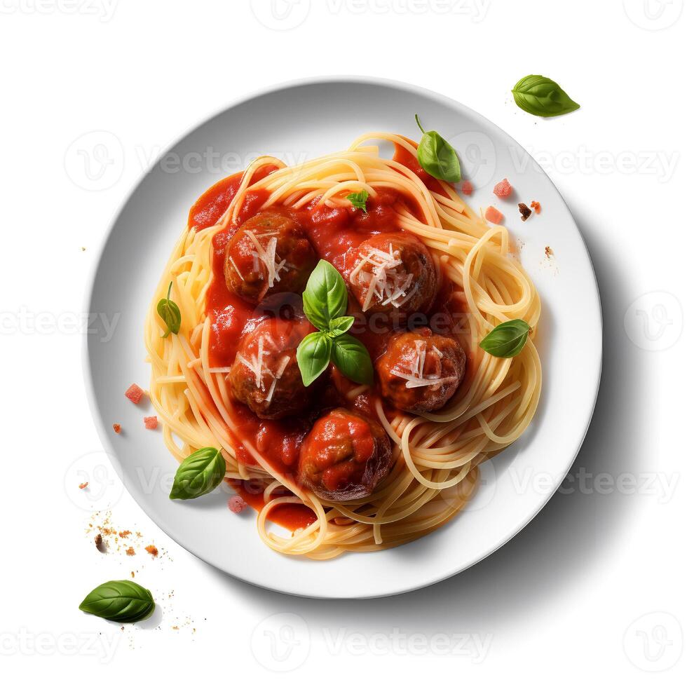 mat fotografi av spaghetti med köttbullar på tallrik isolerat på vit bakgrund. generativ ai foto