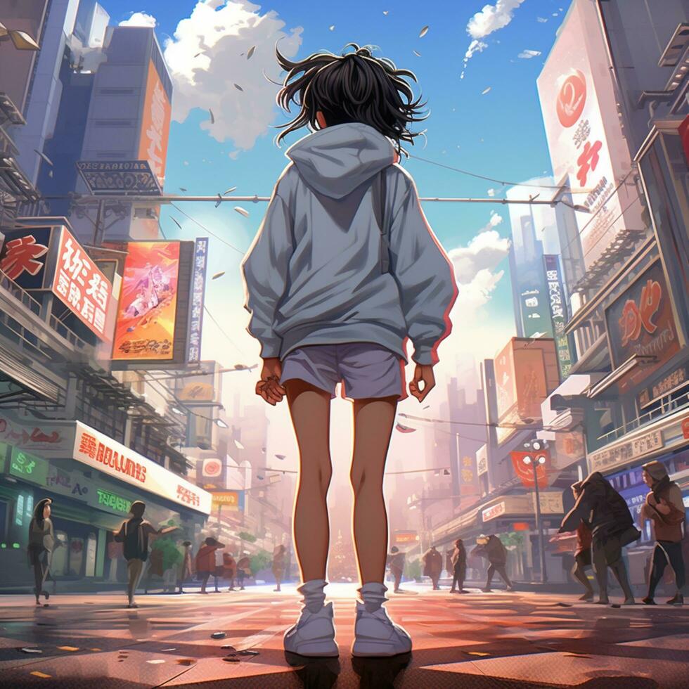 anime flicka gående i de stad foto