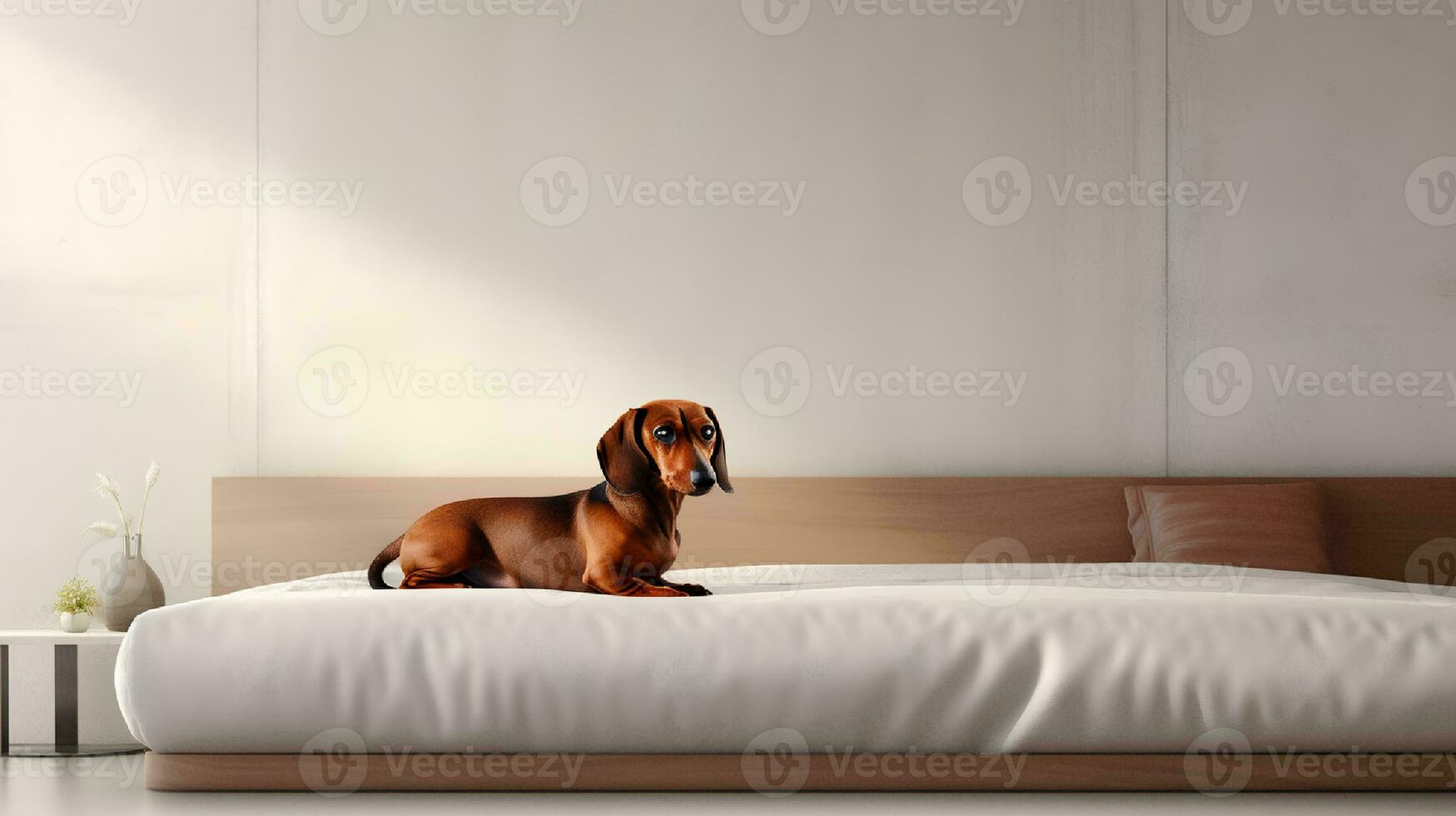 tax hund liggande på säng i hotell med samtida interiör design. generativ ai foto