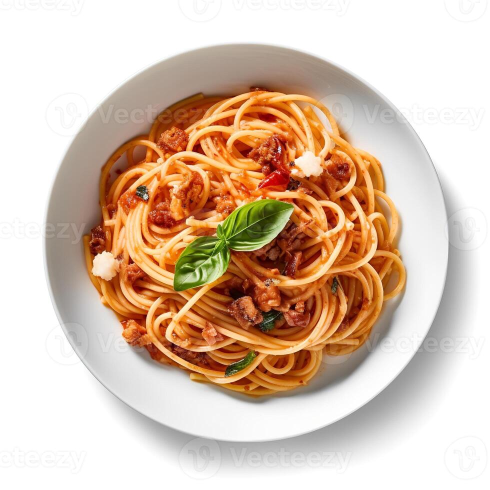 mat fotografi av spaghetti på tallrik isolerat på vit bakgrund. generativ ai foto