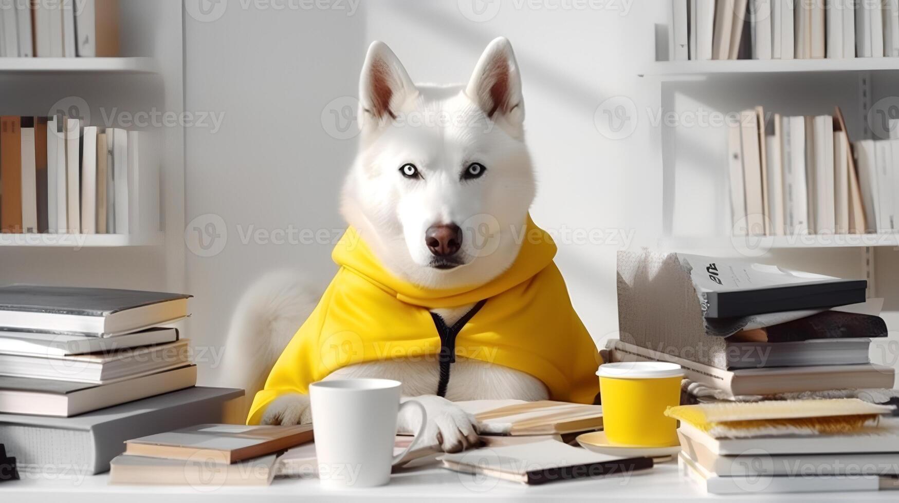 en sibirisk hes hund sitter studerar åtföljs förbi en kopp och pålar av böcker foto