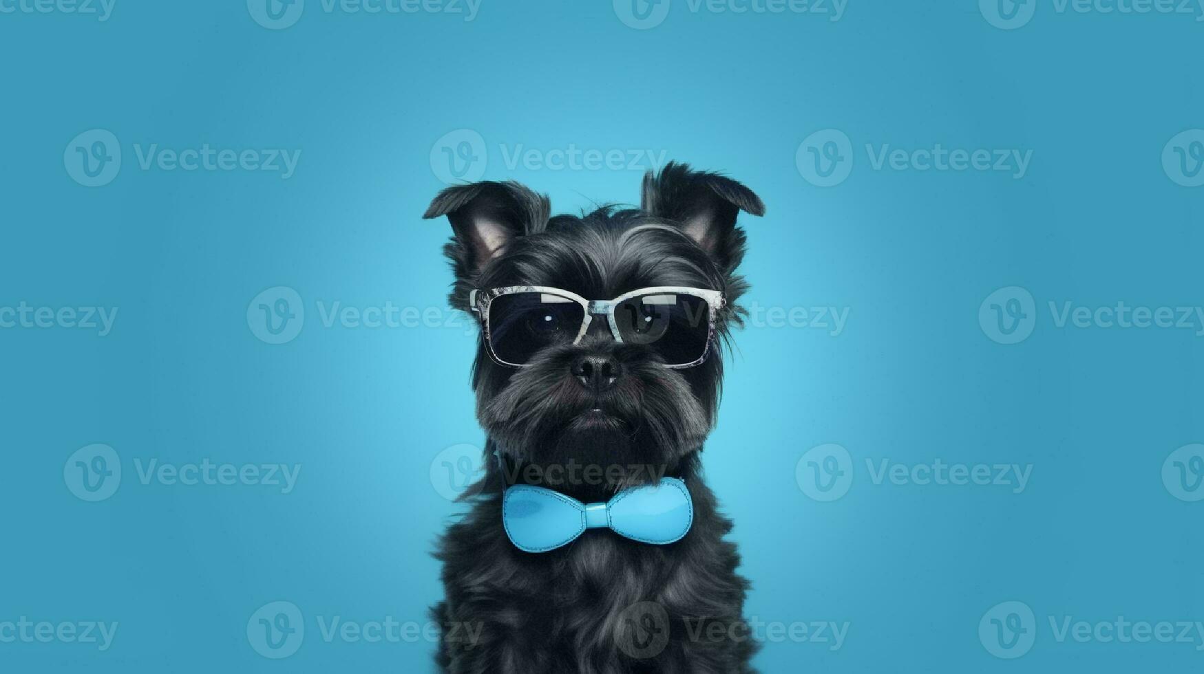 Foto av högdragen affenpinscher hund använder sig av glasögon och kontor kostym på blå bakgrund