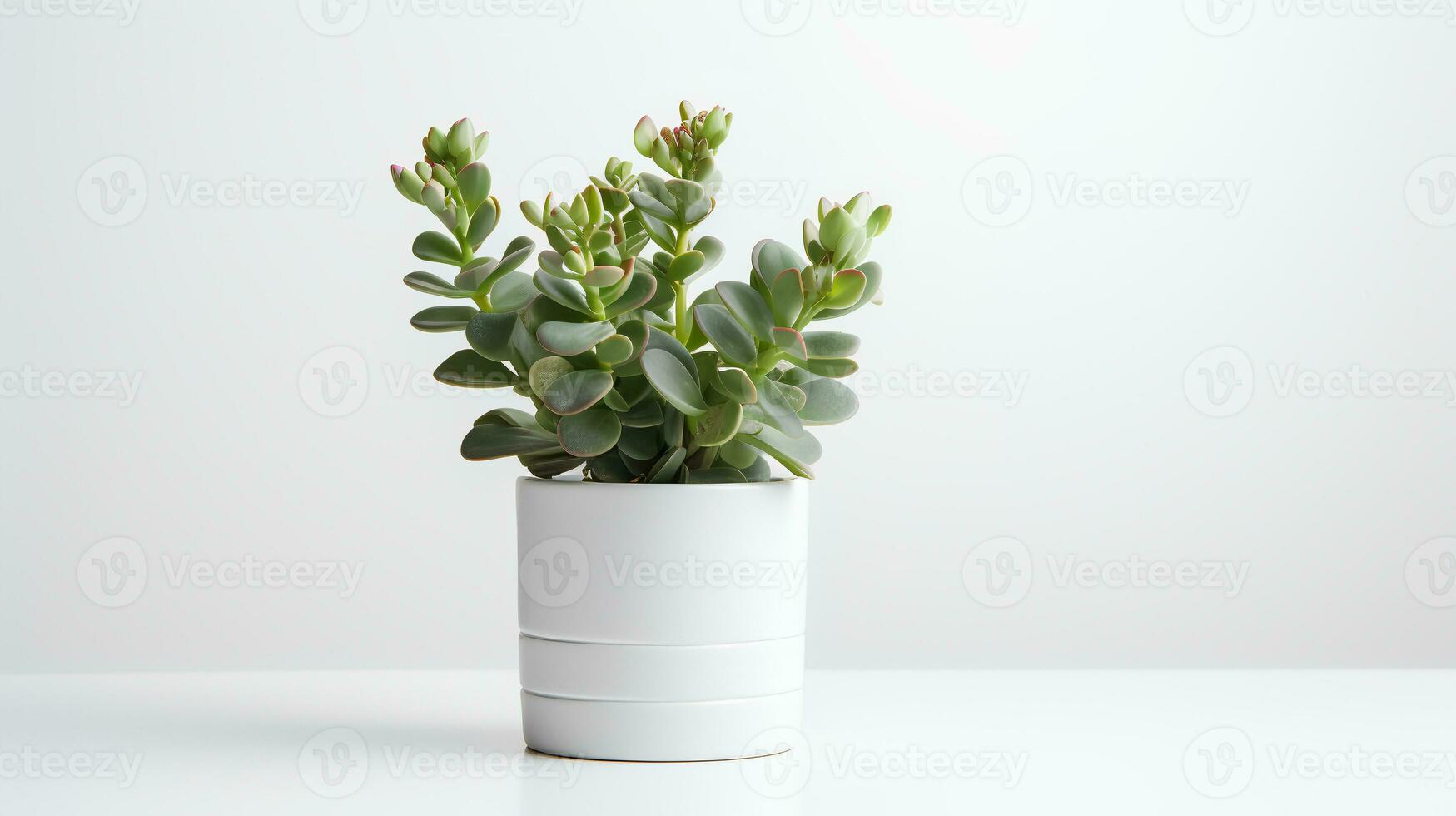 Foto av kalanchoe i minimalistisk pott som krukväxt för Hem dekoration isolerat på vit bakgrund på vit tabell. generativ ai