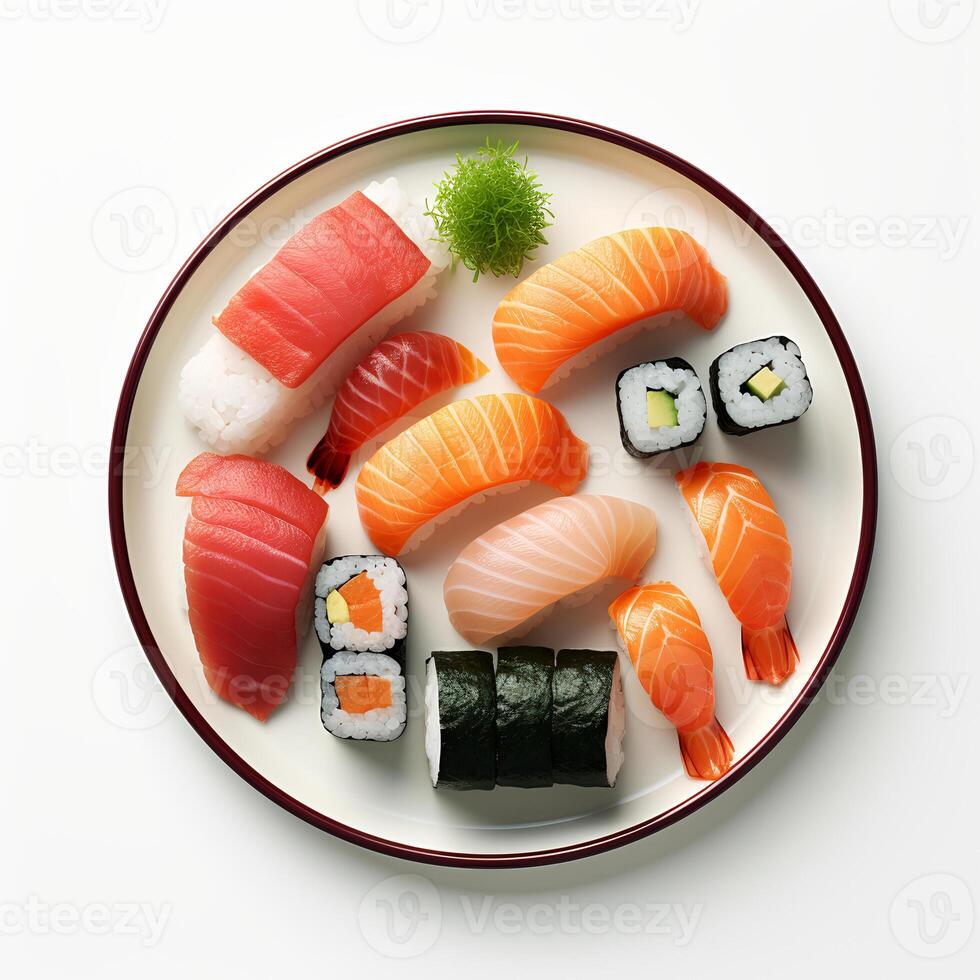 mat fotografi av sushi på tallrik isolerat på vit bakgrund. generativ ai foto