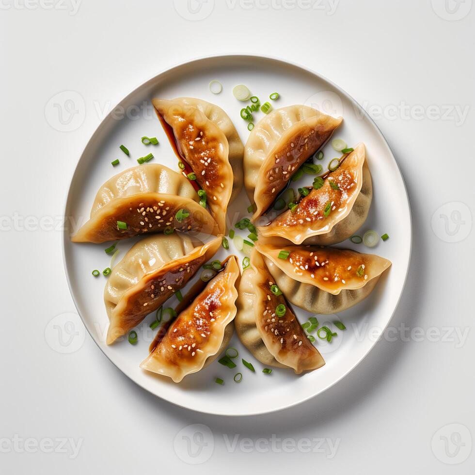 Foto av gyoza på tallrik isolerat på vit bakgrund. skapas förbi generativ ai