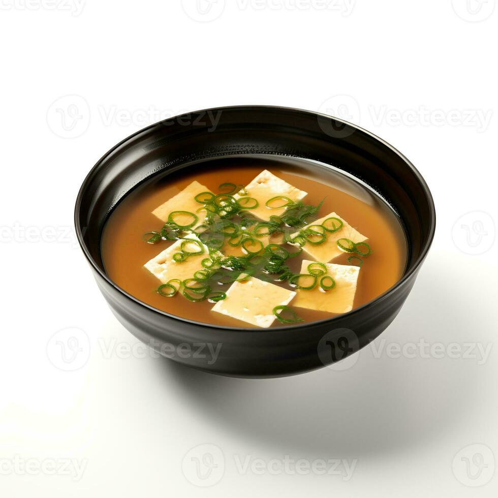 mat fotografi av miso soppa på svart skål isolerat på vit bakgrund. generativ ai foto