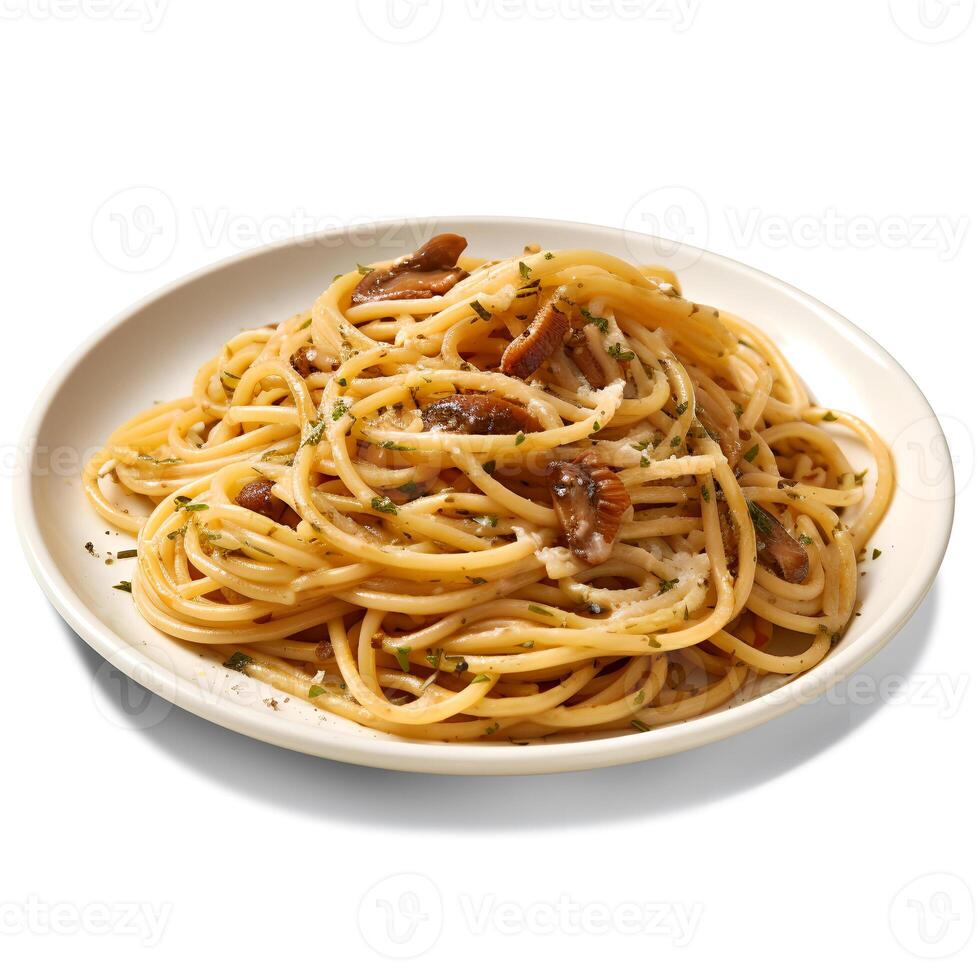 mat fotografi av spaghetti på tallrik isolerat på vit bakgrund. generativ ai foto