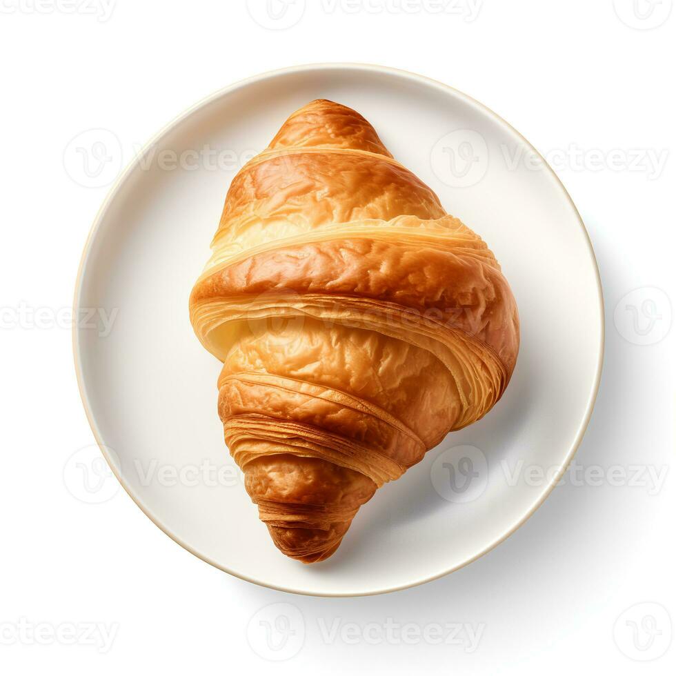 Foto av croissant på tallrik isolerat på vit bakgrund. skapas förbi generativ ai