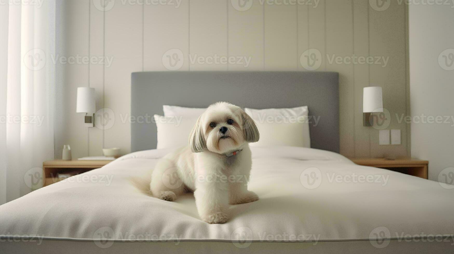 shih tzu hund liggande på säng i hotell med samtida interiör design. generativ ai foto