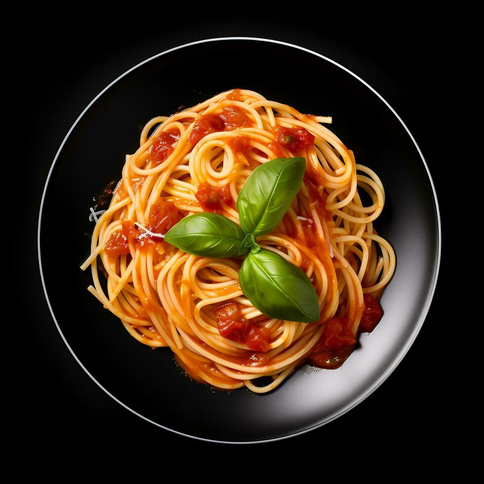 mat fotografi av spaghetti på tallrik isolerat på svart bakgrund. generativ ai foto