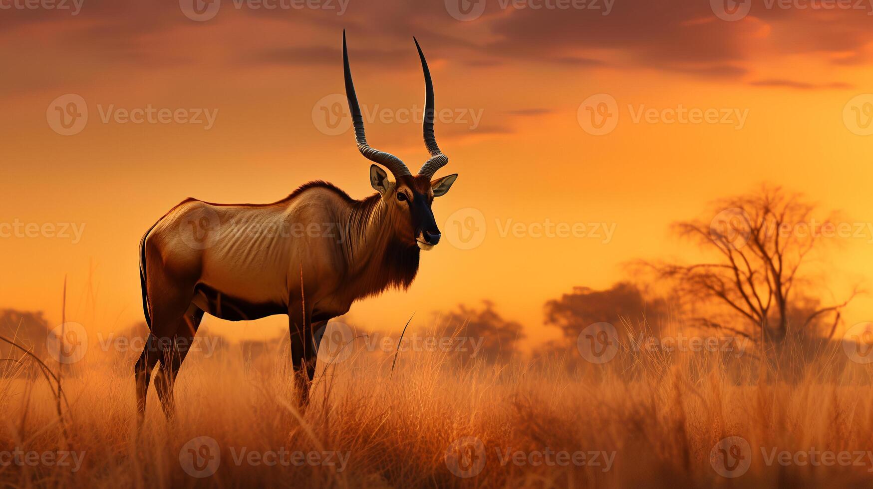 Foto av hartebeest på savann på solnedgång. generativ ai