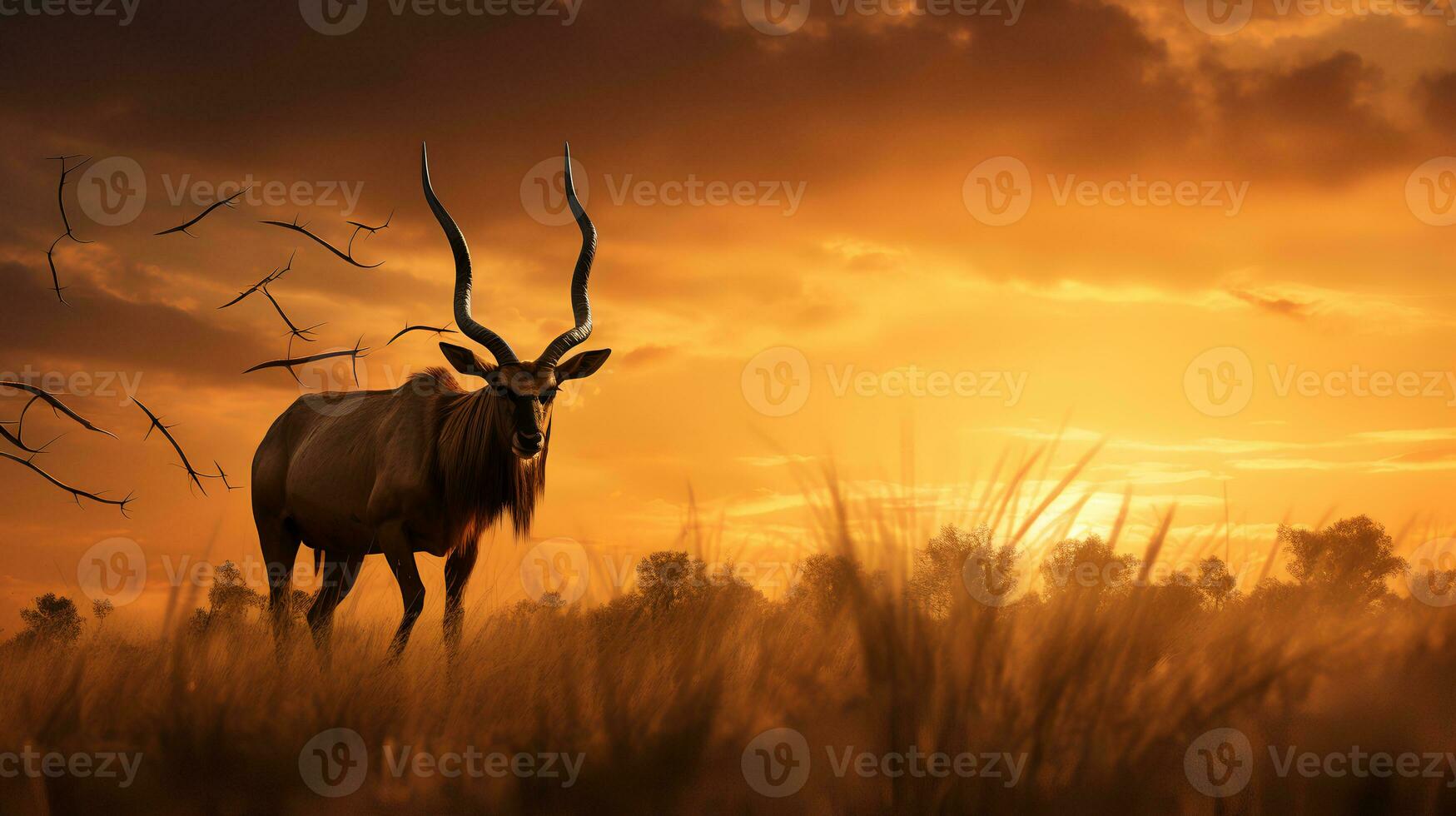 Foto av hartebeest på savann på solnedgång. generativ ai