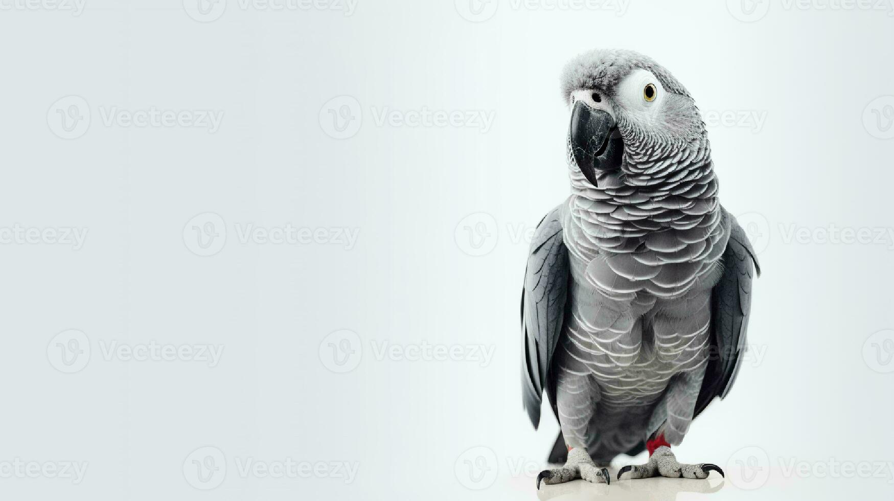 Foto av en afrikansk grå parro fågel på vit bakgrund