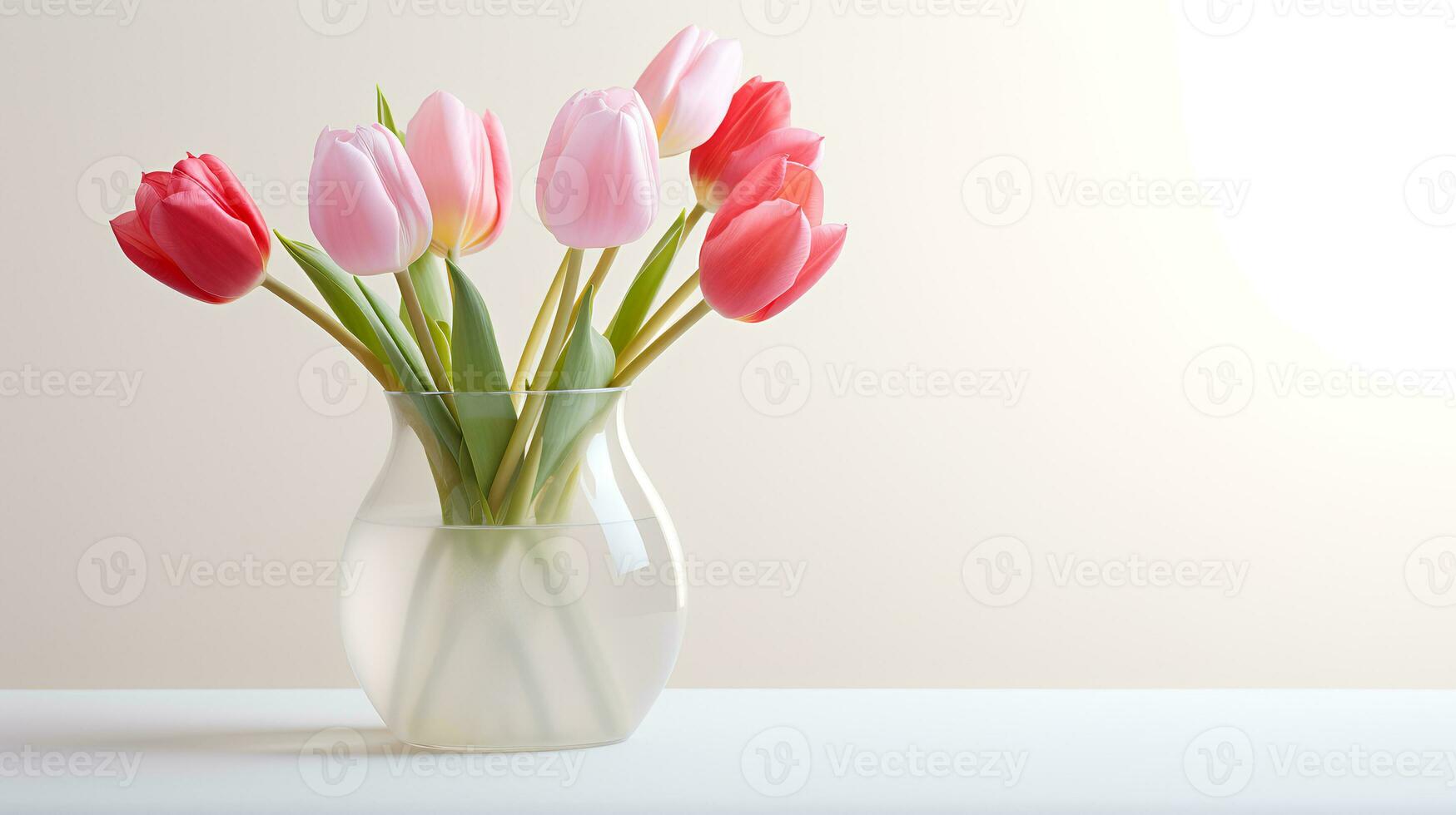 Foto av tulpaner i minimalistisk transparent vas som krukväxt för Hem dekoration på värma Färg bakgrund. generativ ai