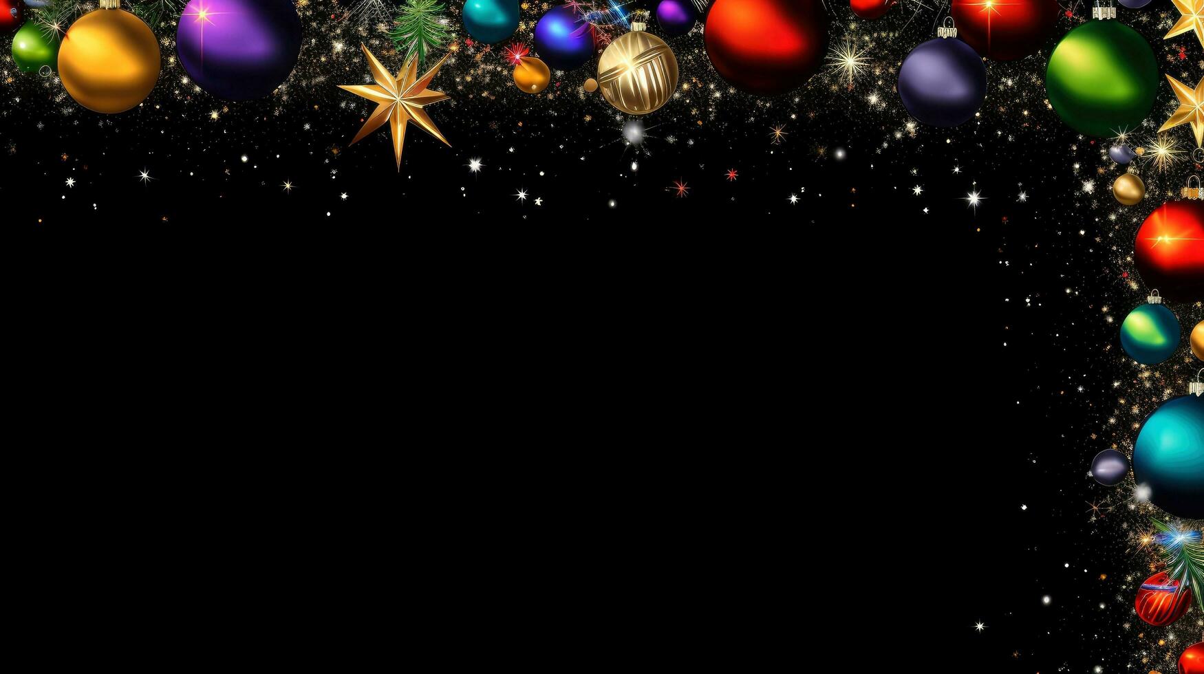 jul gräns ram kort mall med mörk bakgrund, begrepp med festlig ornament.komposition med kopieringsutrymme, generativ ai illustration foto