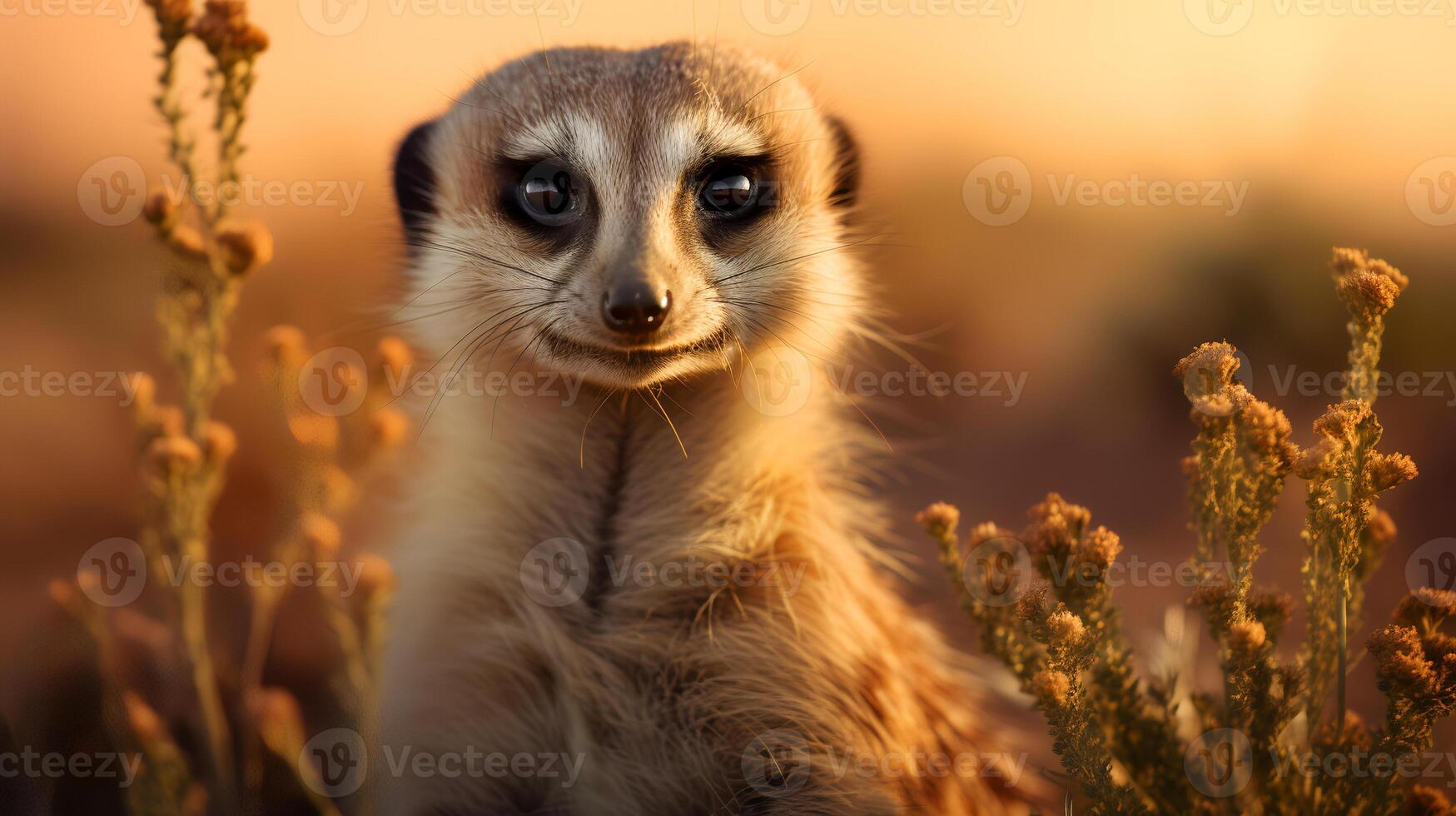 Foto av meerkat på savann på solnedgång. generativ ai