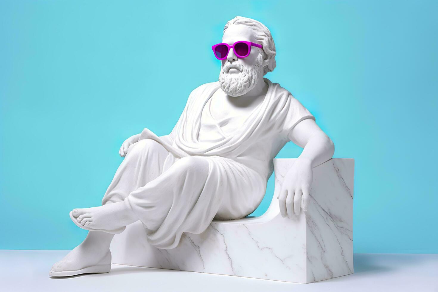 en vit staty av Plato i en Häftigt utgör, bär magenta och cyan 3d glasögon, redo till fest. ai generativ foto