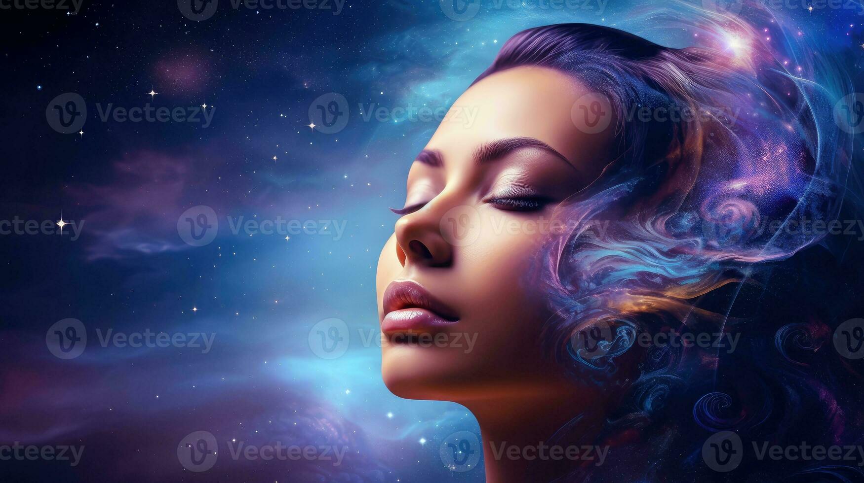 illustration av kvinna sovande och drömmer. psykisk flicka anser sinne och hjärta, andlighet, esoterism. psykisk vågor begrepp, generativ ai illustration foto