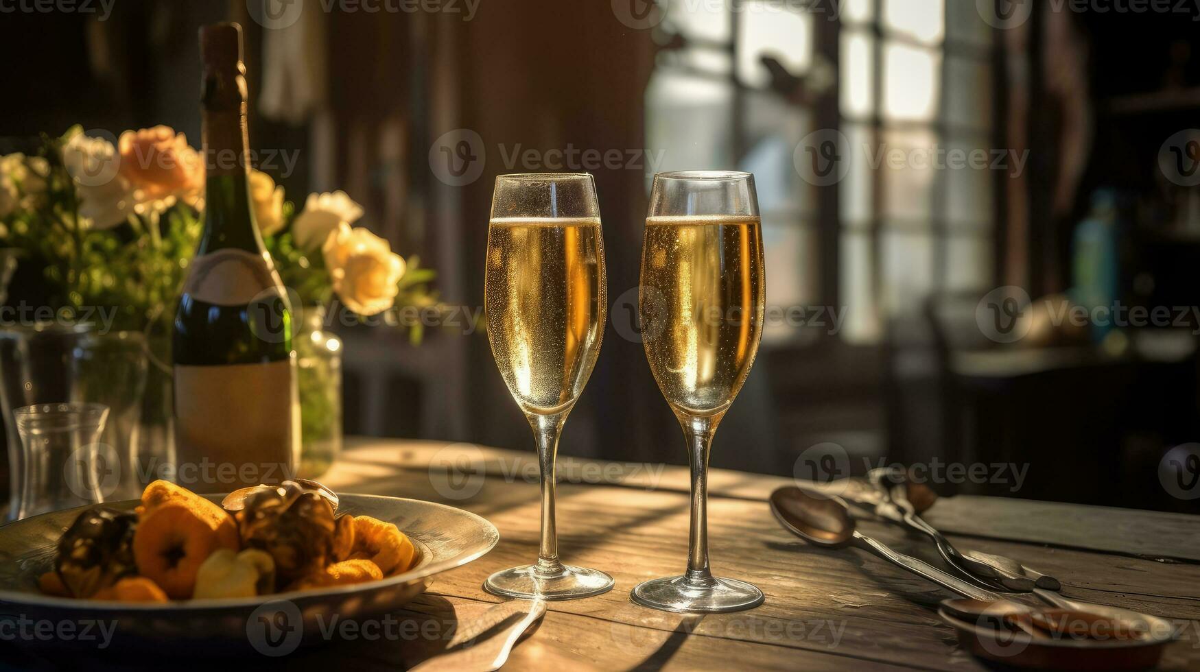 romantisk middag med champagne. generativ ai teknologi. foto