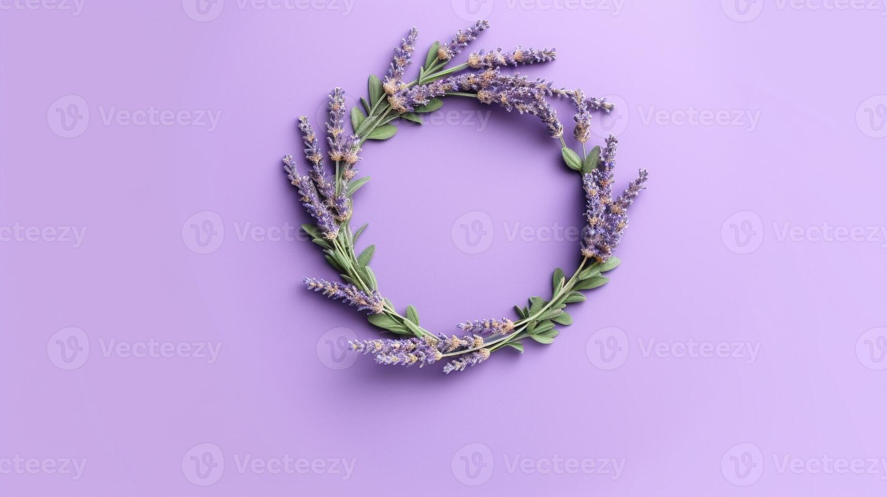 generativ ai, krans av lavendel- grenar blommor med kopia Plats, naturlig organisk blommig ram violett bakgrund foto