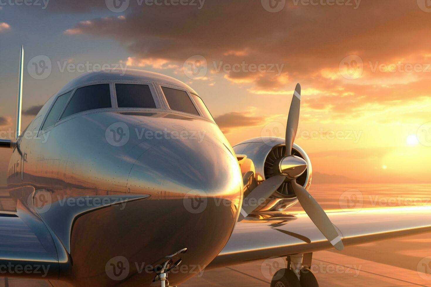 landning plan mot en gyllene himmel på solnedgång. passagerare flygplan stänga upp i solnedgång ljus. de begrepp av snabb resa, rekreation och företag. generativ ai foto