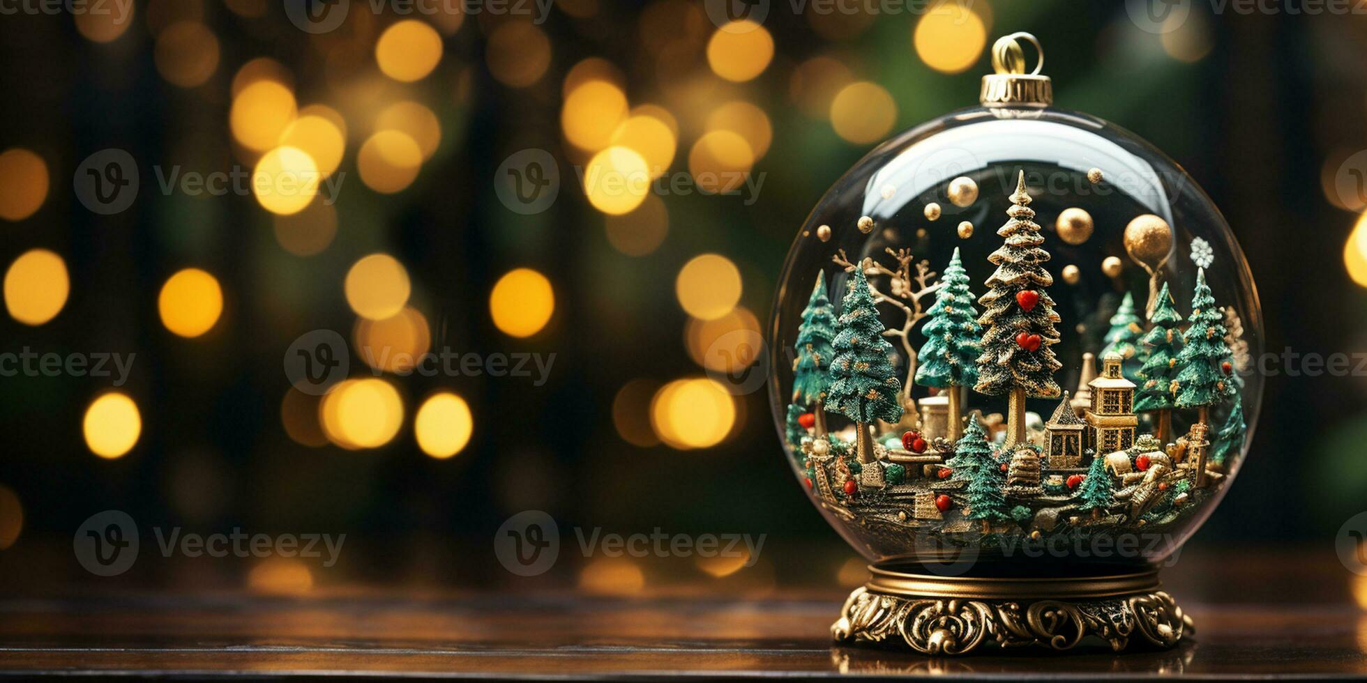 jul baner med snö klot. vinter- gran träd i glas boll. glad jul och Lycklig ny år. festlig dekoration, 3d illustration. baner med kopia Plats. generativ ai foto