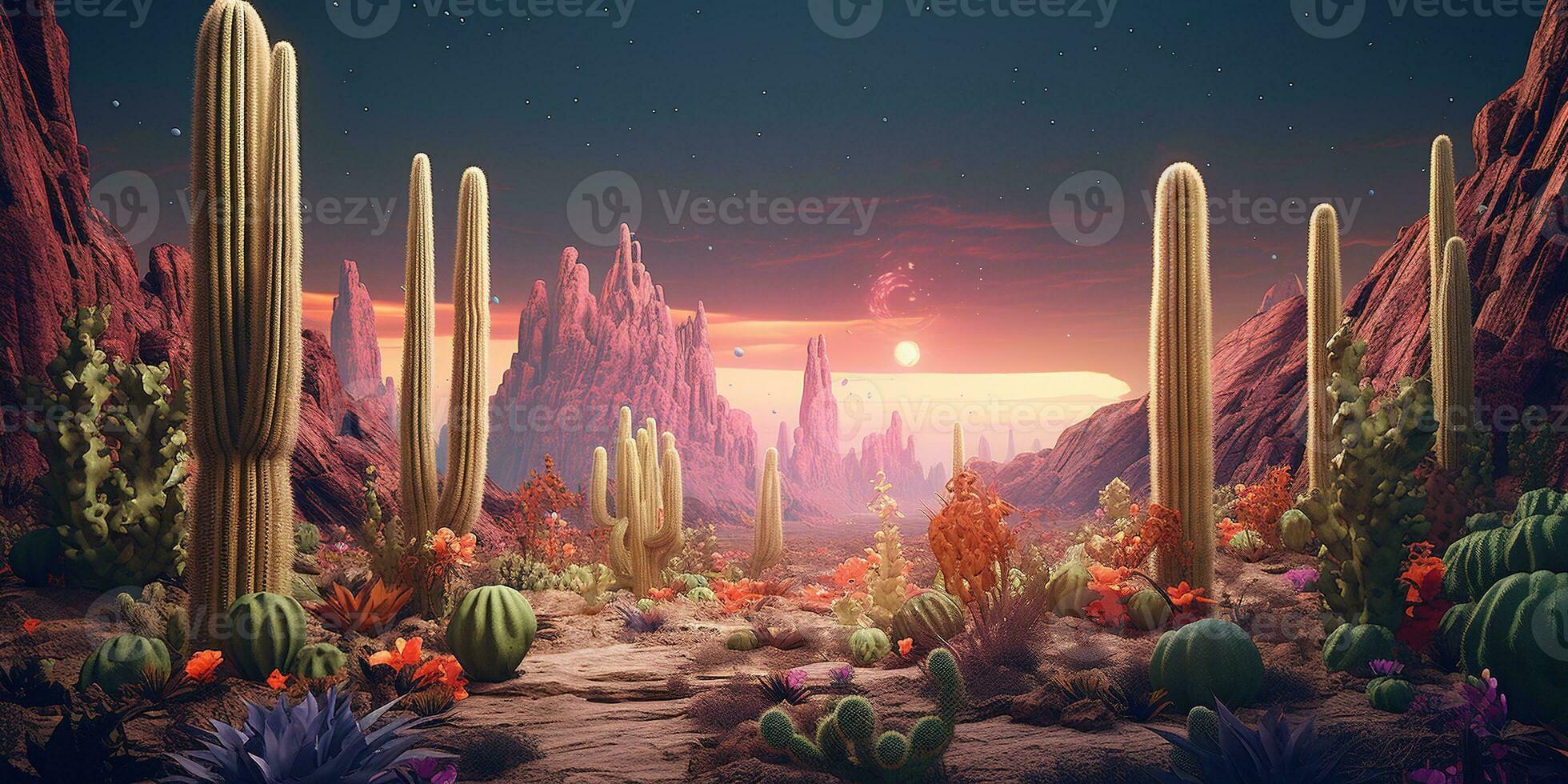 generativ ai, psychedelic och overkligt landskap med kaktus i de öken. landskap av de vild väst foto