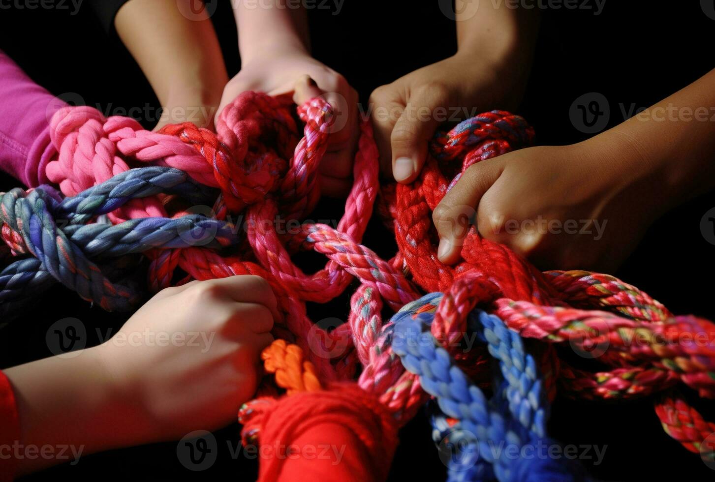 generativ ai, människors händer arbetssätt tillsammans till reda ut en knölig rep. företag lagarbete. foto