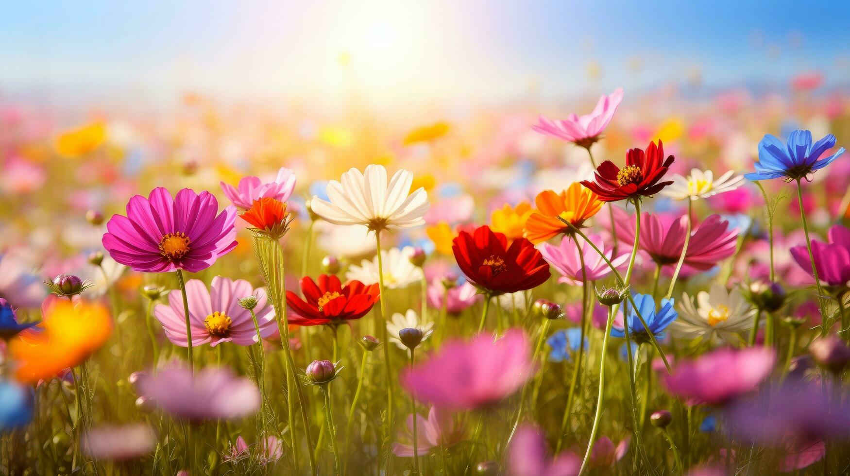 natur blommig bakgrund i tidigt sommar. färgrik naturlig vår landskap med med blommor, mjuk selektiv fokus, generativ ai illustration foto