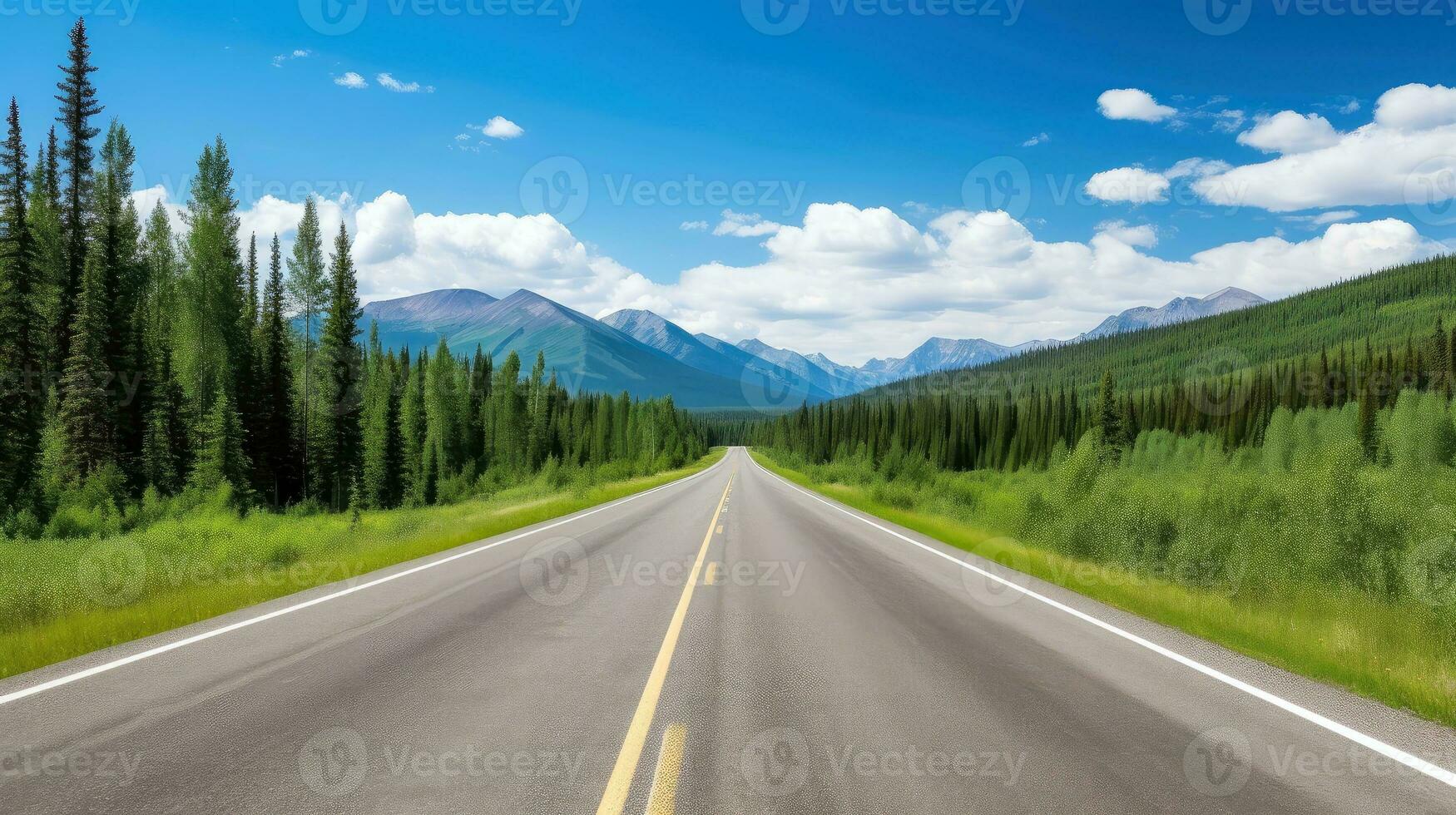 illustration bild av landskap med Land väg, tömma asfalt väg på blå molnig himmel bakgrund. Flerfärgad vibrerande utomhus horisontell bild, generativ ai illustration foto