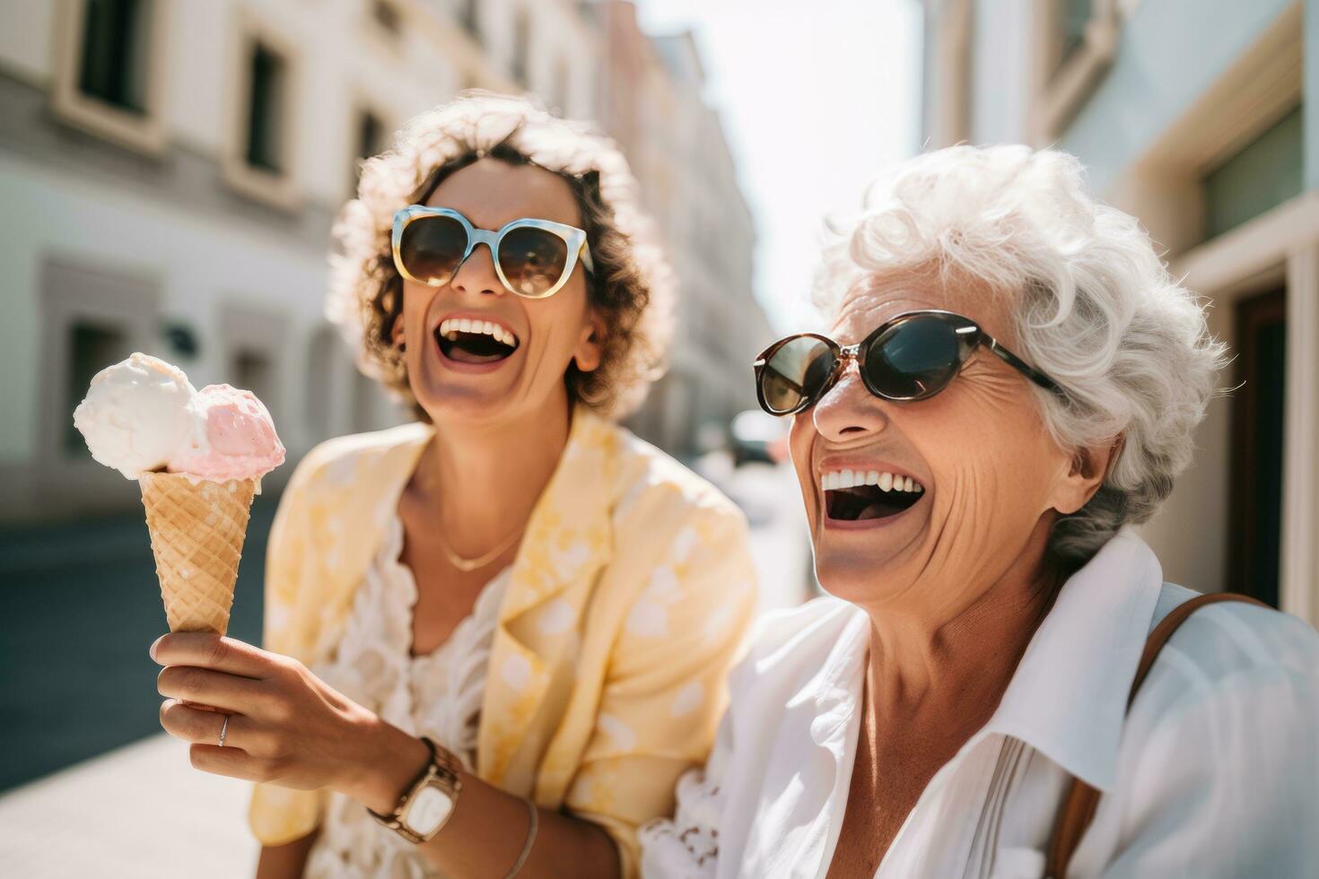 kvinnor har roligt och har is grädde koner i de stad gata, i de stil av grandparentcore foto