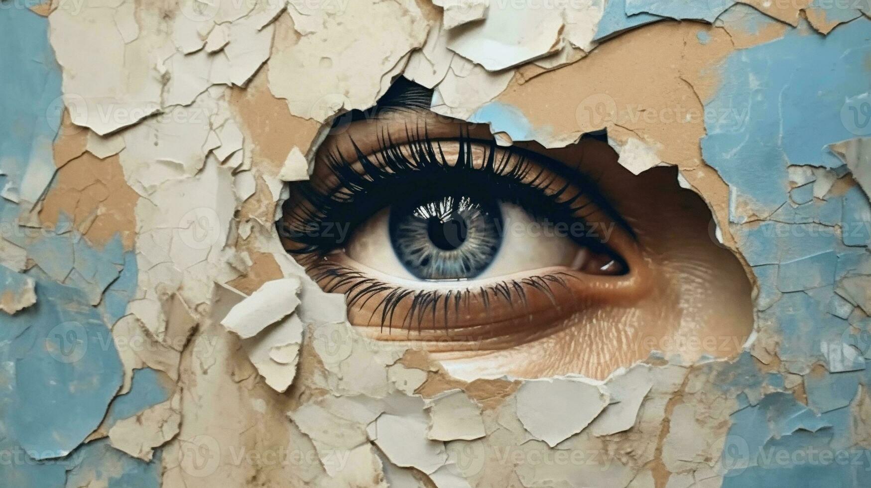generativ ai, kvinna öga ser genom en trasig hål i årgång papper, blå och beige färger väggmålning. målad hyperrealistisk kvinna konst. foto