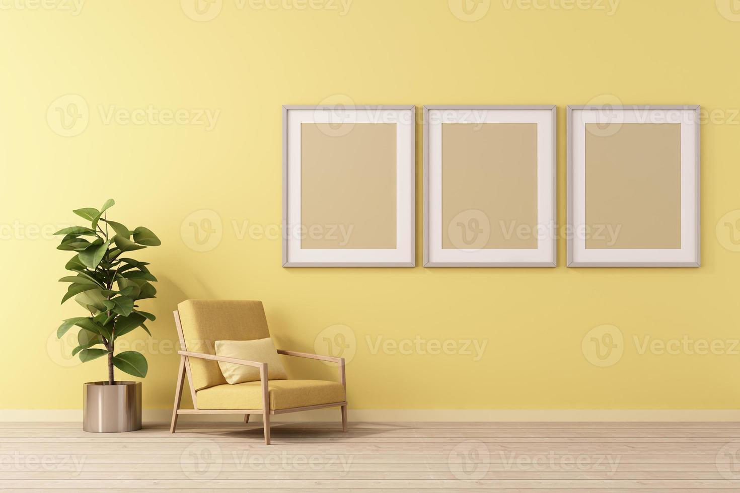 Tolkning 3d av håna upp inredesign för vardagsrum med bildram på gul vägg foto