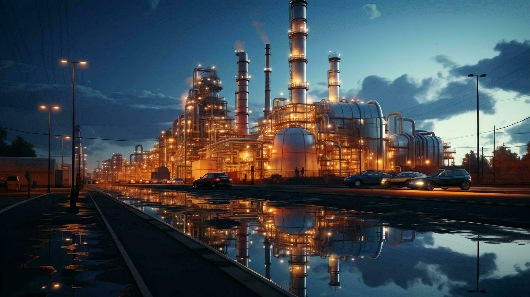 industriell olja raffinaderi petrokemiska kemisk växt med Utrustning och lång rör på natt. ai genererad foto