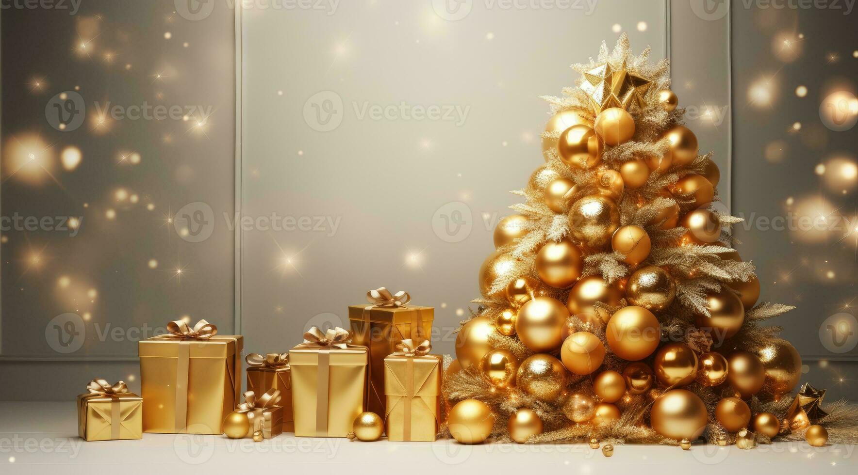 jul träd med gyllene grannlåt och presenterar på golv. glad jul Semester foto