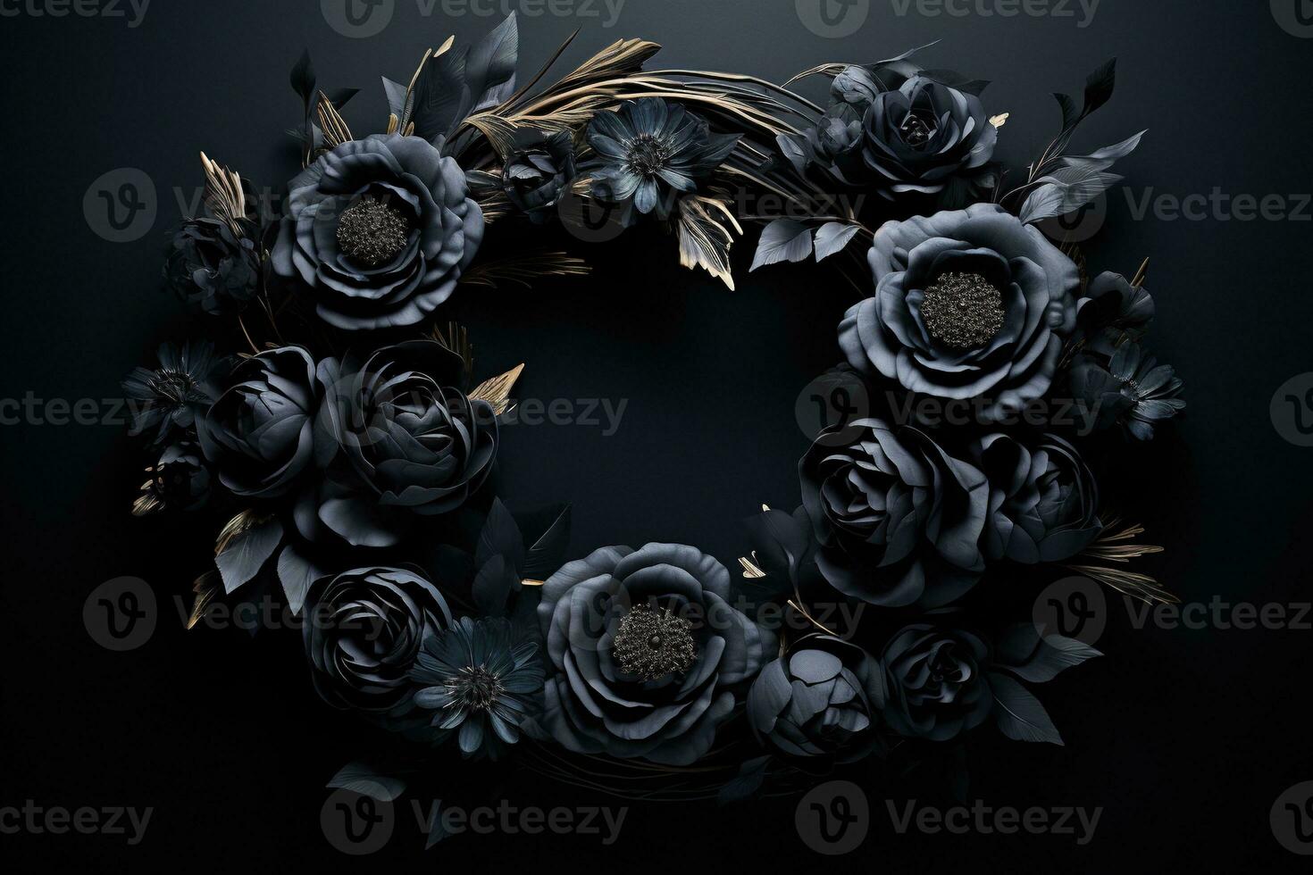 generativ ai, stänga upp krans, blomning rabatter av Fantastisk svart blommor på mörk lynnig blommig texturerad bakgrund. foto