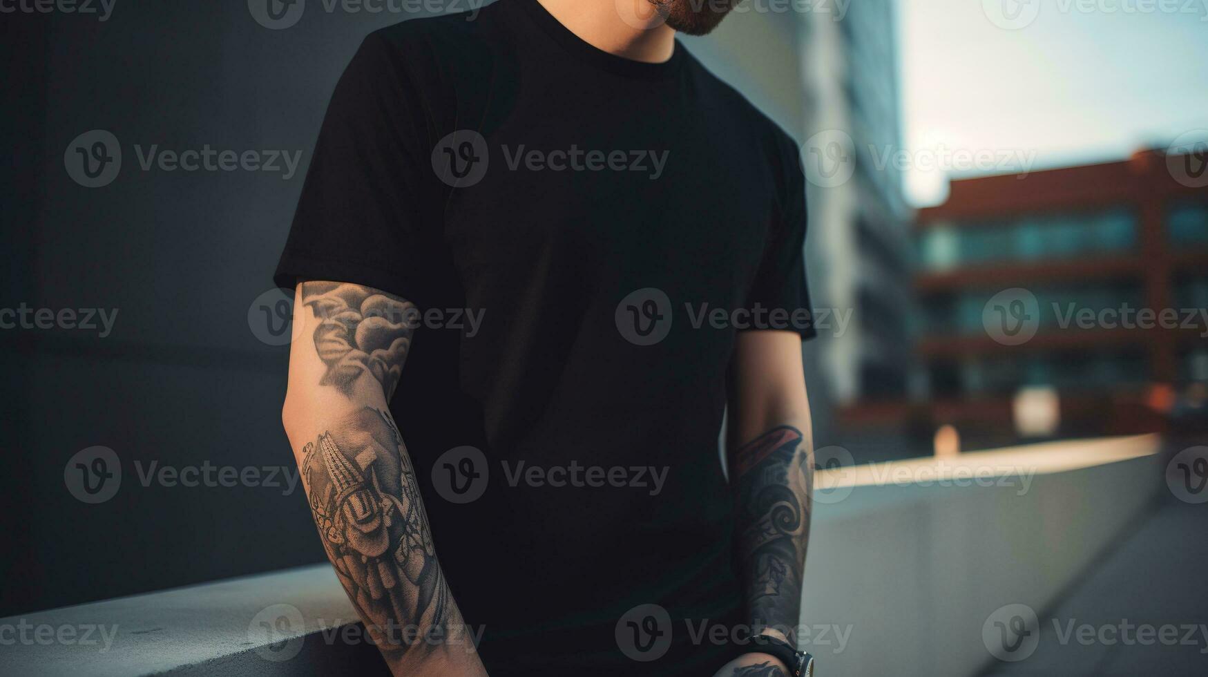 generativ ai, realistisk svart t-shirt falsk upp tom sätta på ung man, copy för presentation reklam. tom företag begrepp foto