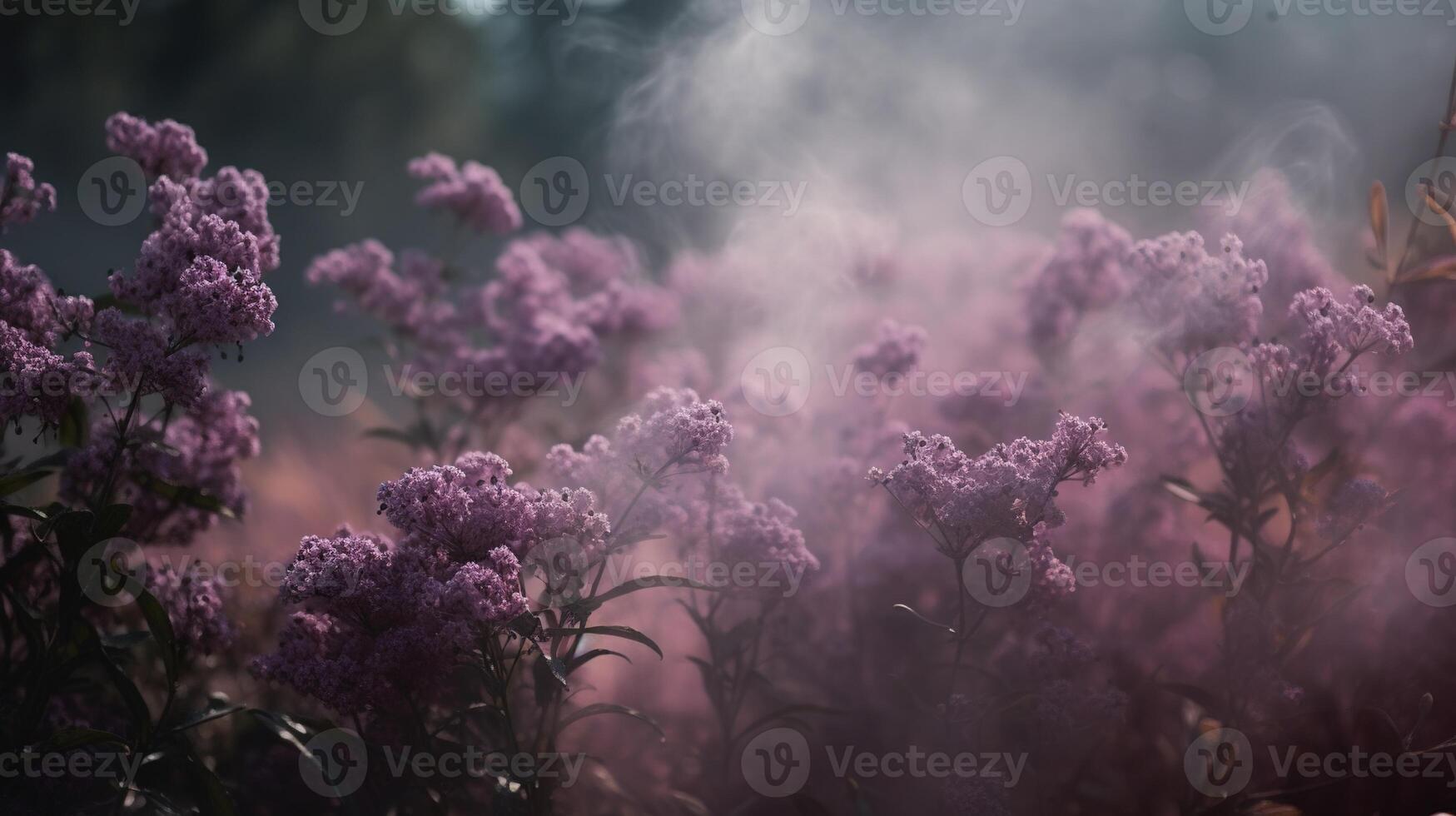 generativ ai, stänga upp växande lavendel- fält med parfym rök, blommande lavandula, rosa lila blommor och gräs. foto