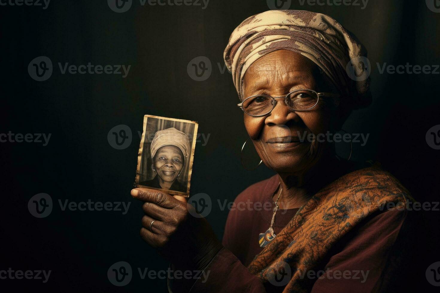 äldre svart kvinna innehar ett gammal fotografera i henne händer. generativ ai foto