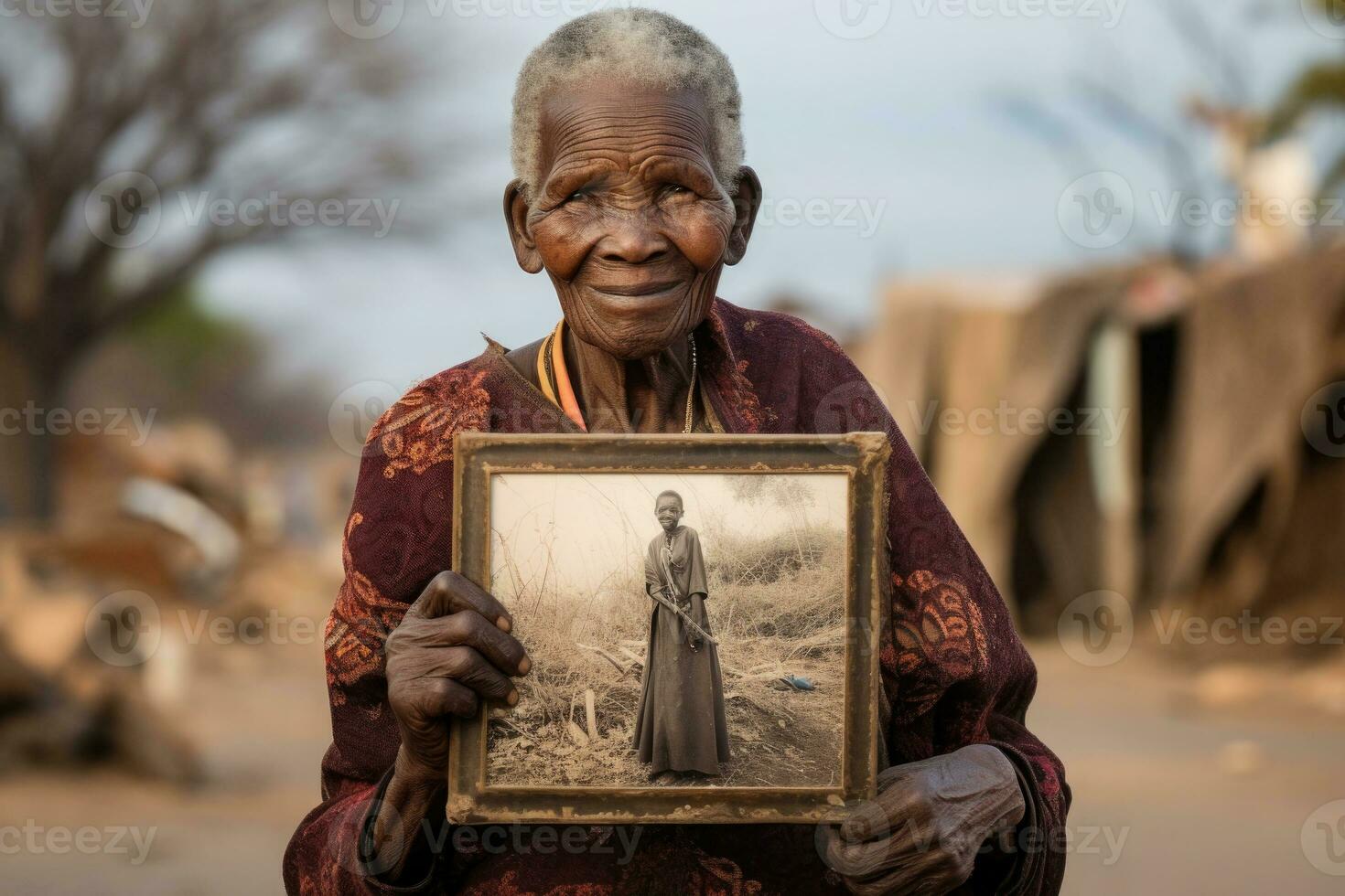 äldre svart kvinna innehar ett gammal fotografera i henne händer. generativ ai foto