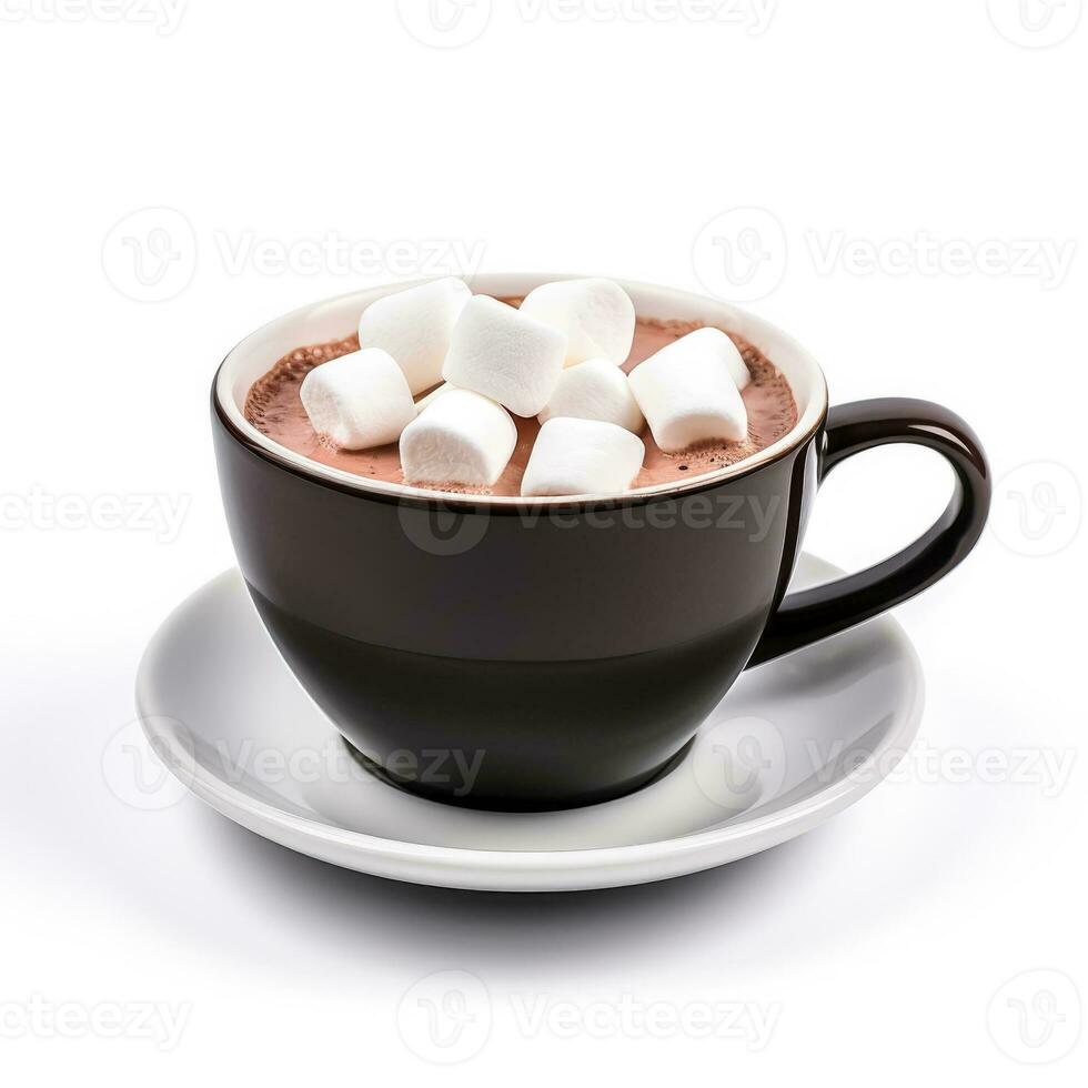 pepparmynta marshmallow varm kakao i en svart kopp isolerat på vit bakgrund foto