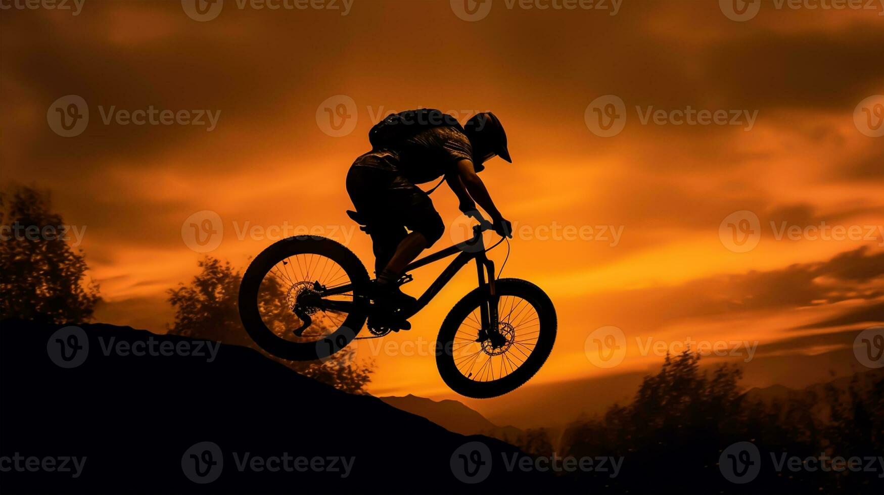 silhuett av en berg cyklist på en solnedgång bakgrund. foto