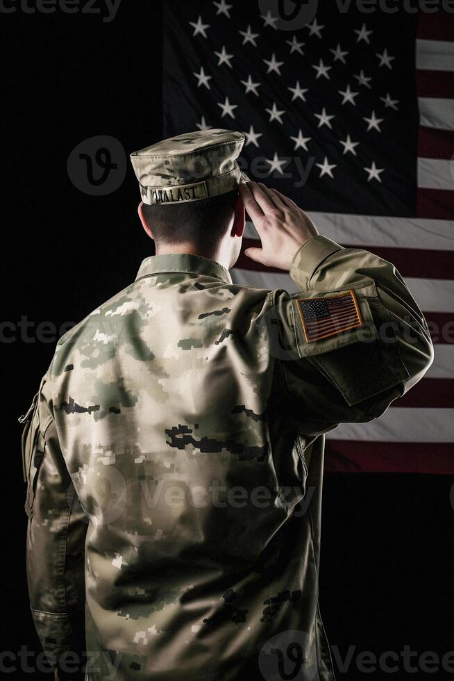 respekt och hedra en fängslande tillbaka se fotografi av militär hälsning de USA flagga, en hyllning till patriotism och offra generativ ai foto