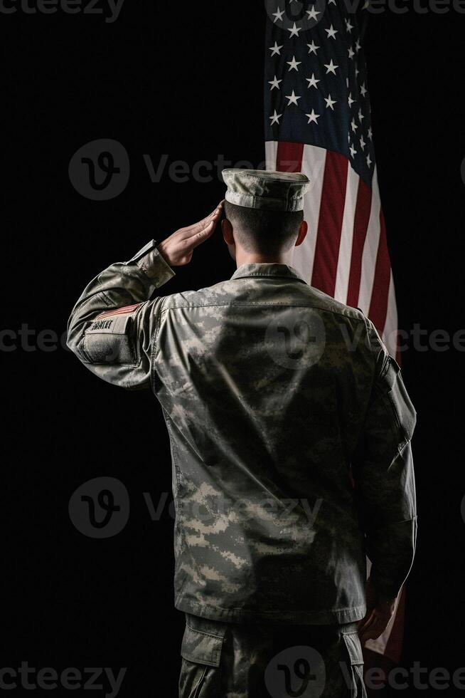 respekt och hedra en fängslande tillbaka se fotografi av militär hälsning de USA flagga, en hyllning till patriotism och offra generativ ai foto